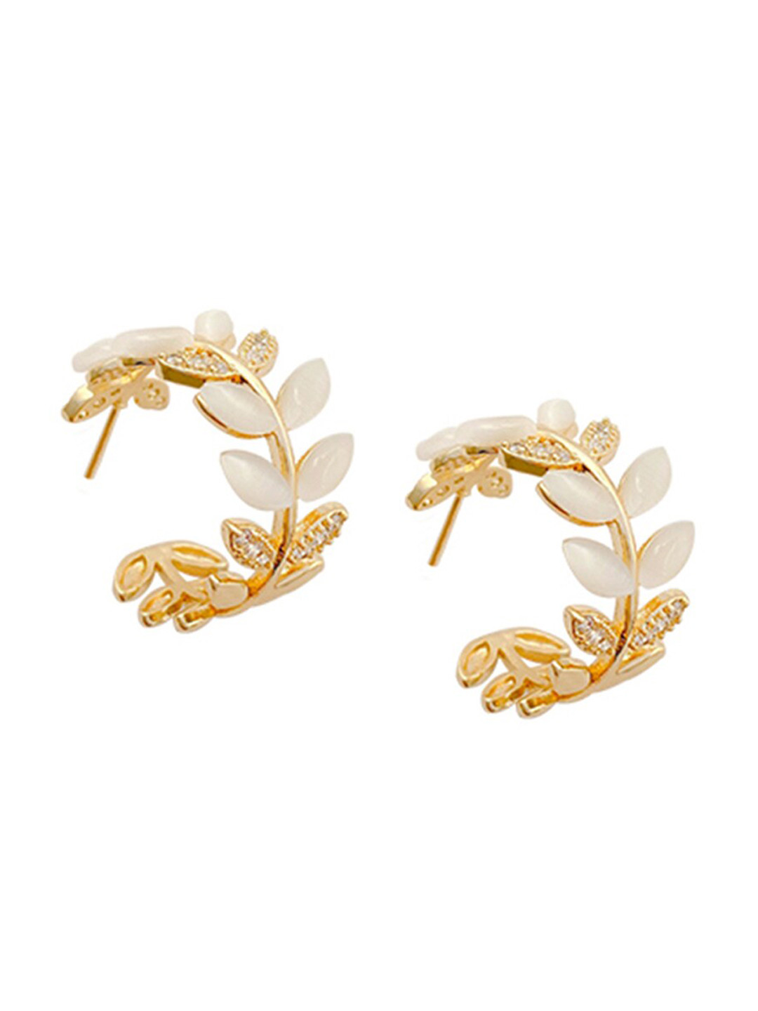 Yellow Chimes Gold-Toned Leaflet Designed Crystal Stone Studded Half Hoop Earrings