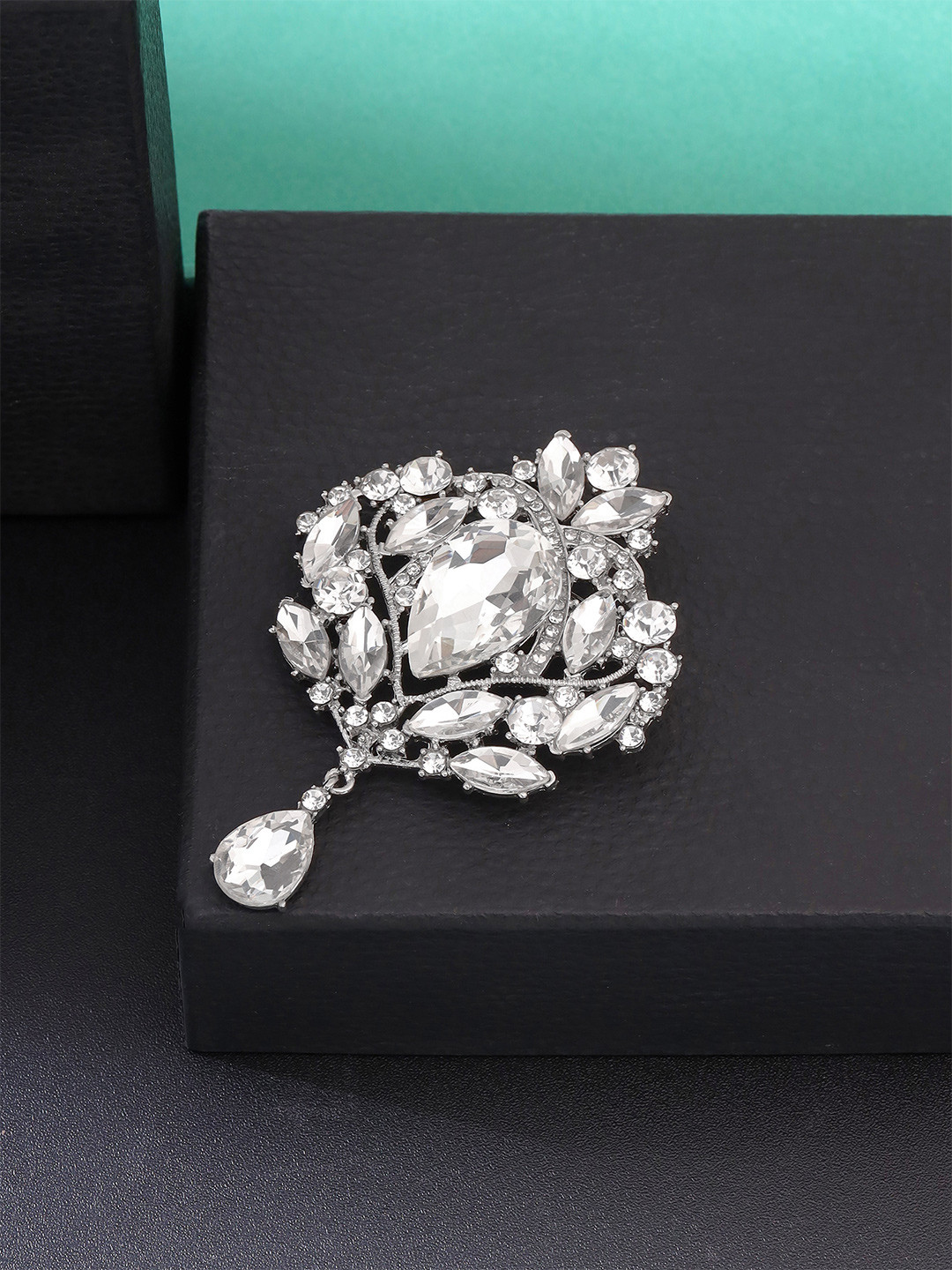 Yellow Chimes Women Silver-Toned Crystal Floral Designed Studded Brooch