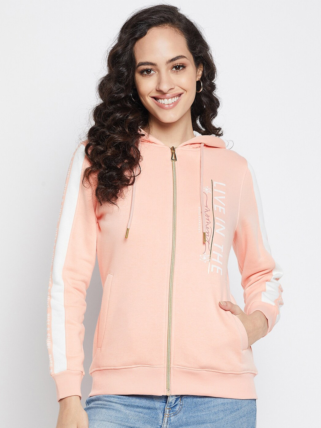 Duke Women Peach-Coloured Typography Printed Hooded Fleece Sweatshirt