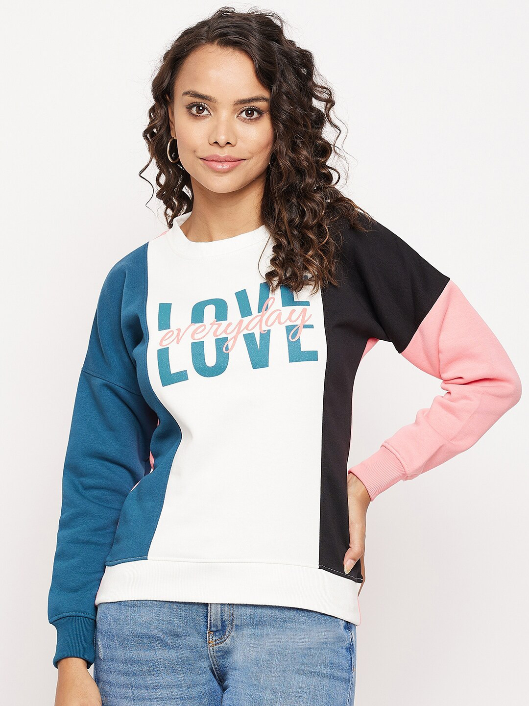 Duke Women Blue Colourblocked Fleece Sweatshirt