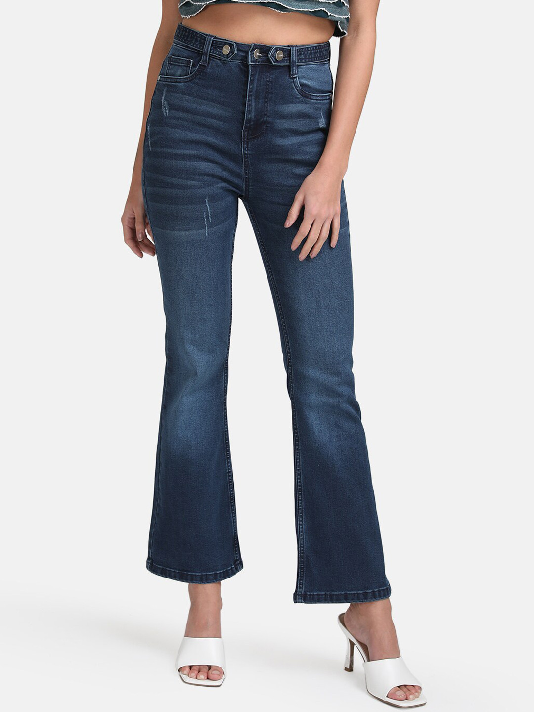 Kazo Women Blue High-Rise Low Distress Light Fade Flared Jeans