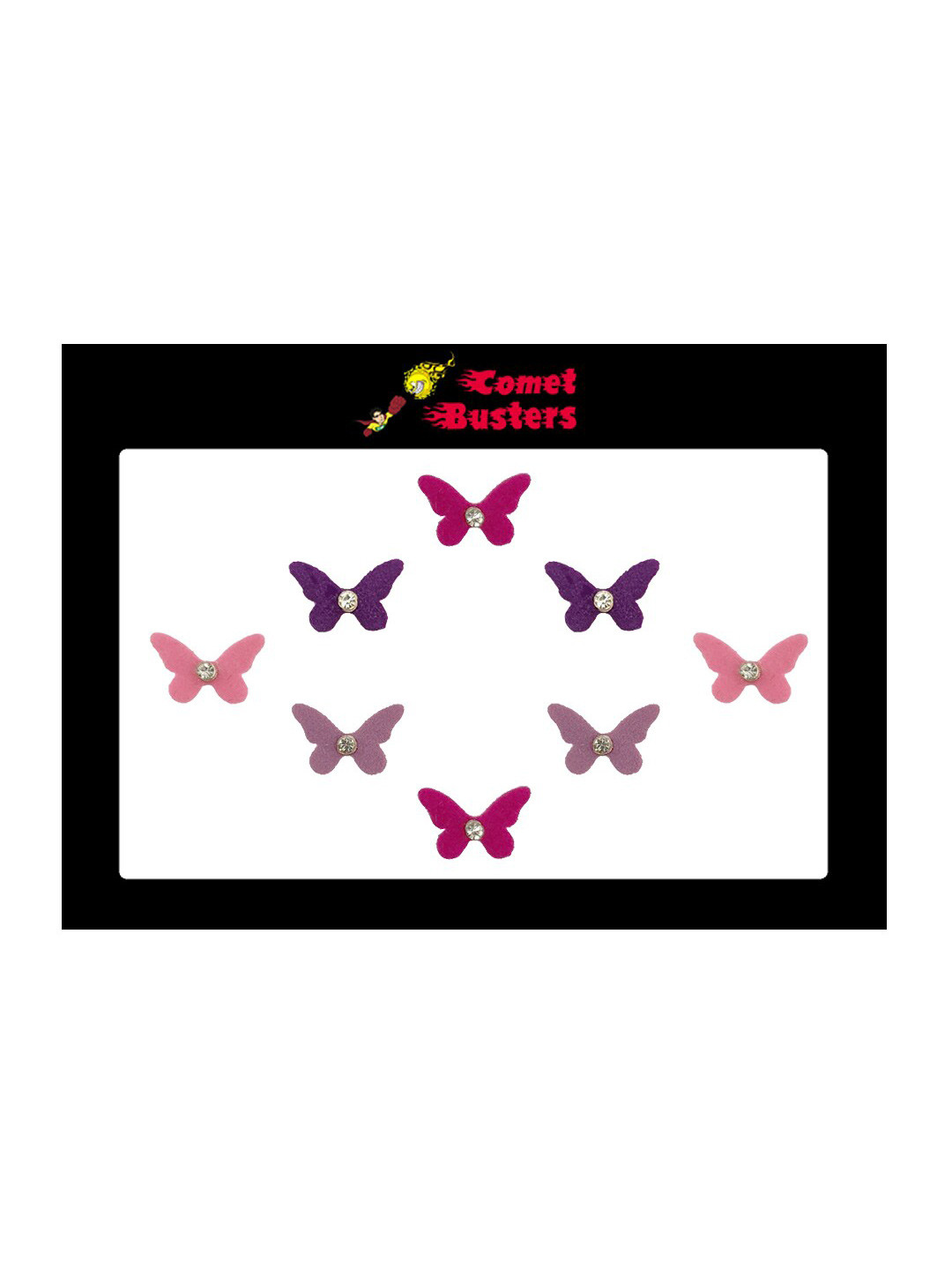 Comet Busters 8 Pcs Embellished Reusable Designer Butterfly-Shaped Bindis - Pink & Purple