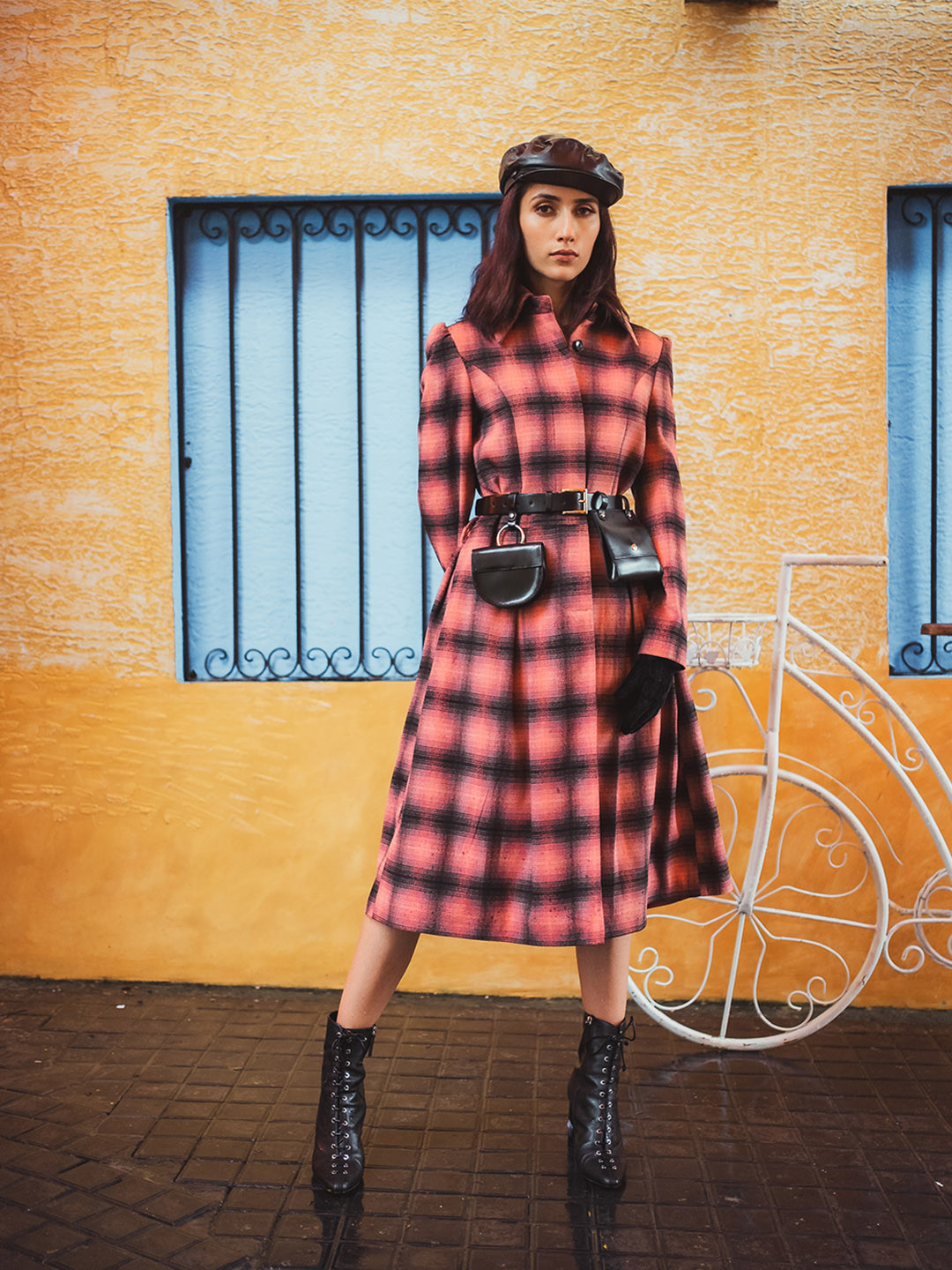 Dlanxa Women Peach & Black Checked Double-Breasted Overcoat