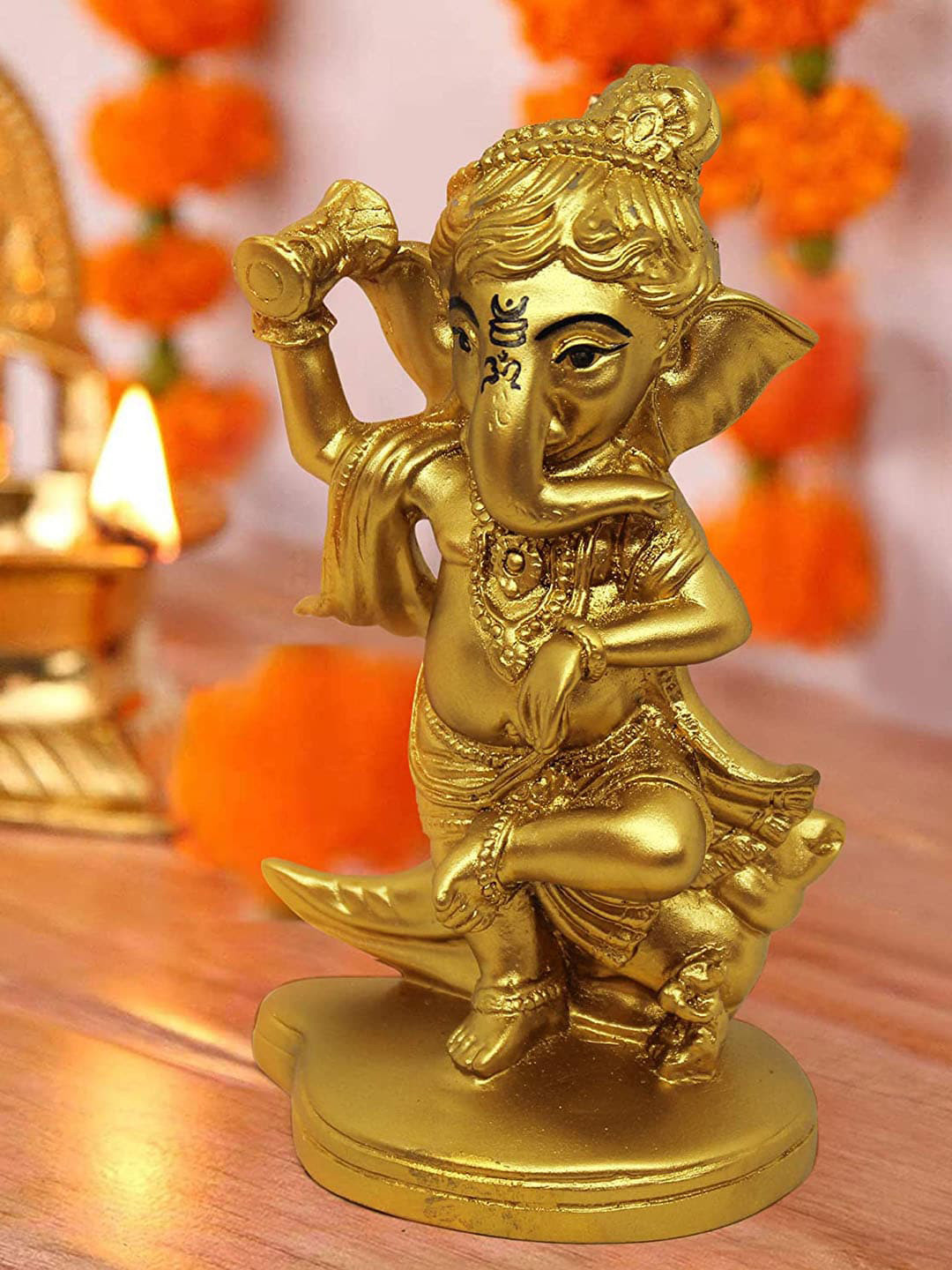 TIED RIBBONS Decorative Ganesh Gold Polyresin Natural Prayer Room Small Showpiece - 6.5 Inches