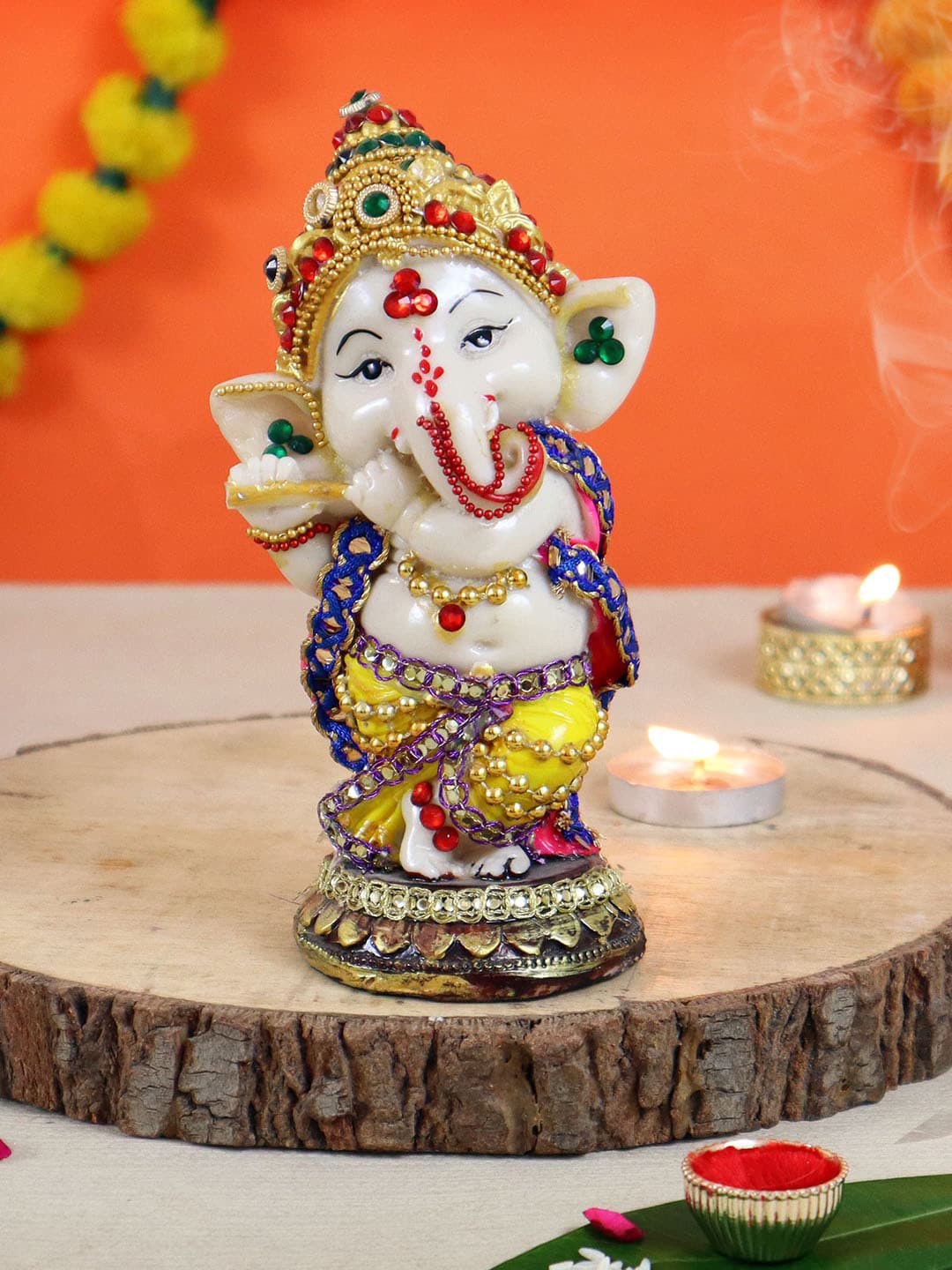 TIED RIBBONS Ganesha White Polyresin Glossy Prayer Room Small Showpiece - 5.5 Inches