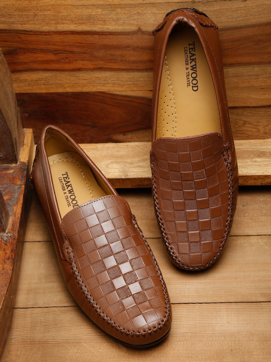 Teakwood Leathers Men Tan Woven Design Leather Loafers