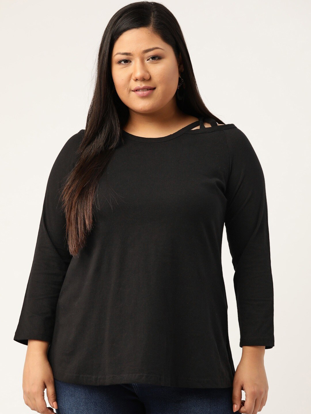 theRebelinme Plus Women Solid Black Pure Cotton Top