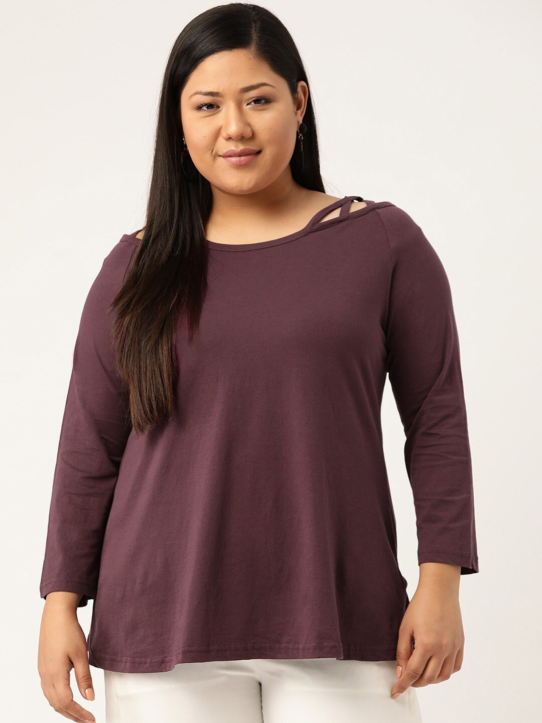 theRebelinme Plus Size Women Brown SolidPure Cotton  Top