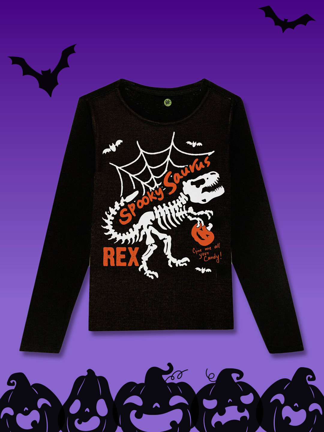 YK Boys Boys Black Halloween Dinosaur Graphic Printed T-shirt