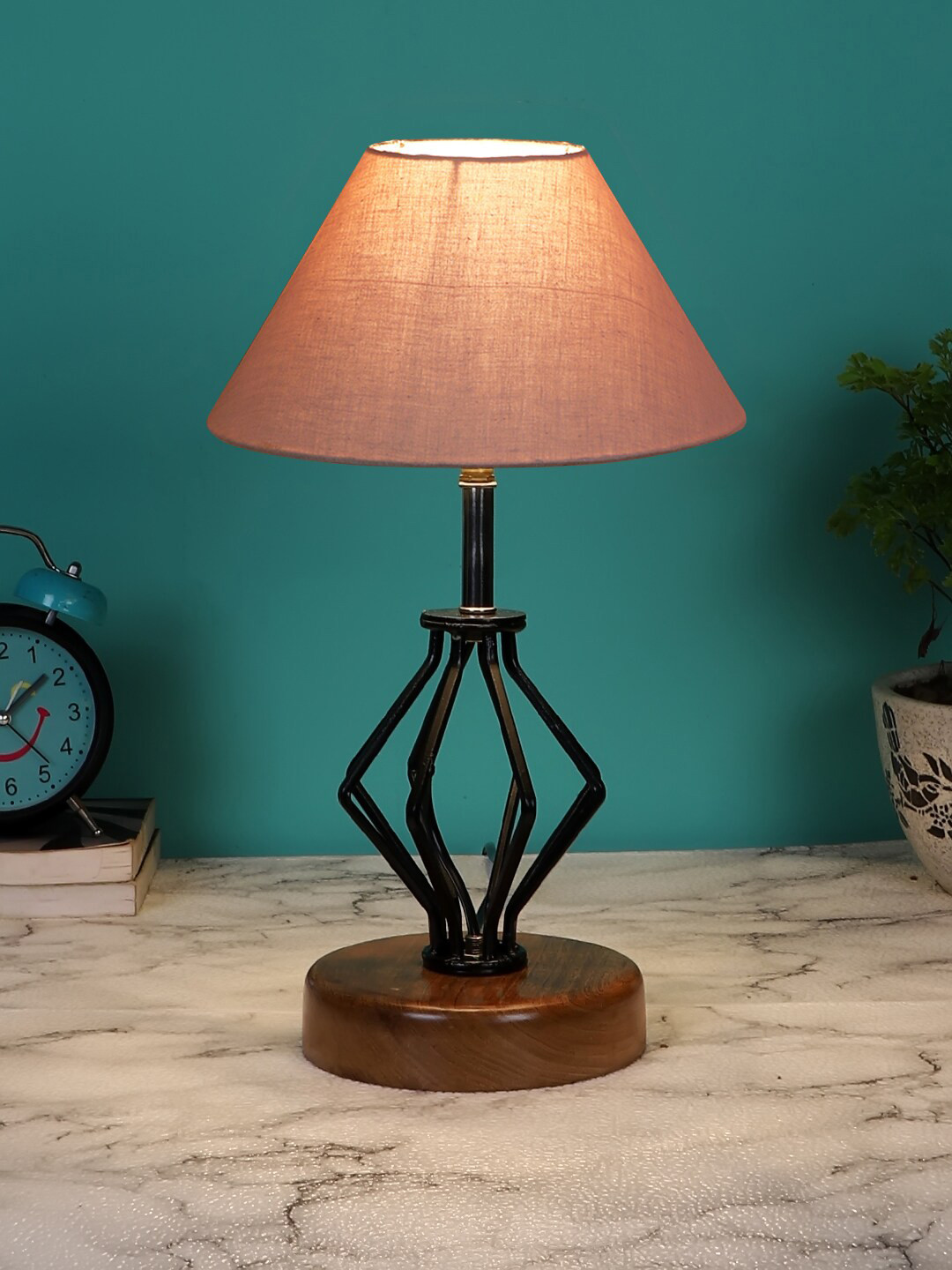Devansh Grey Table lamp with Wood Base