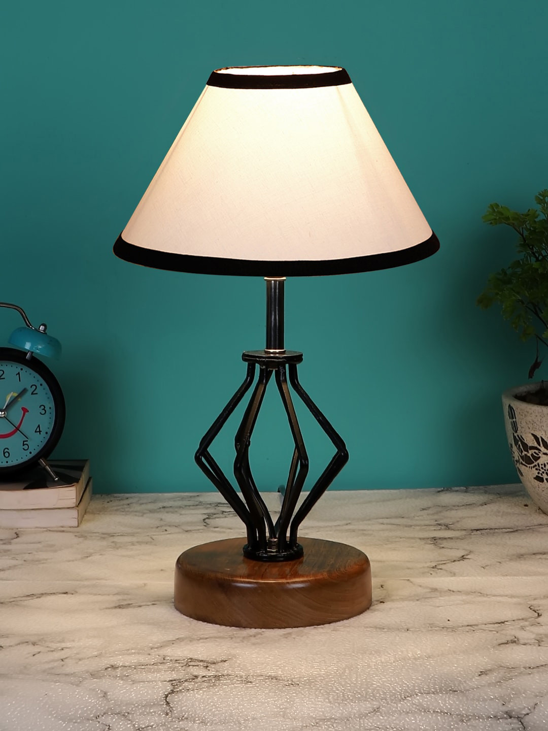 Devansh White & Black Solid Wooden Table Lamp with Wood Base