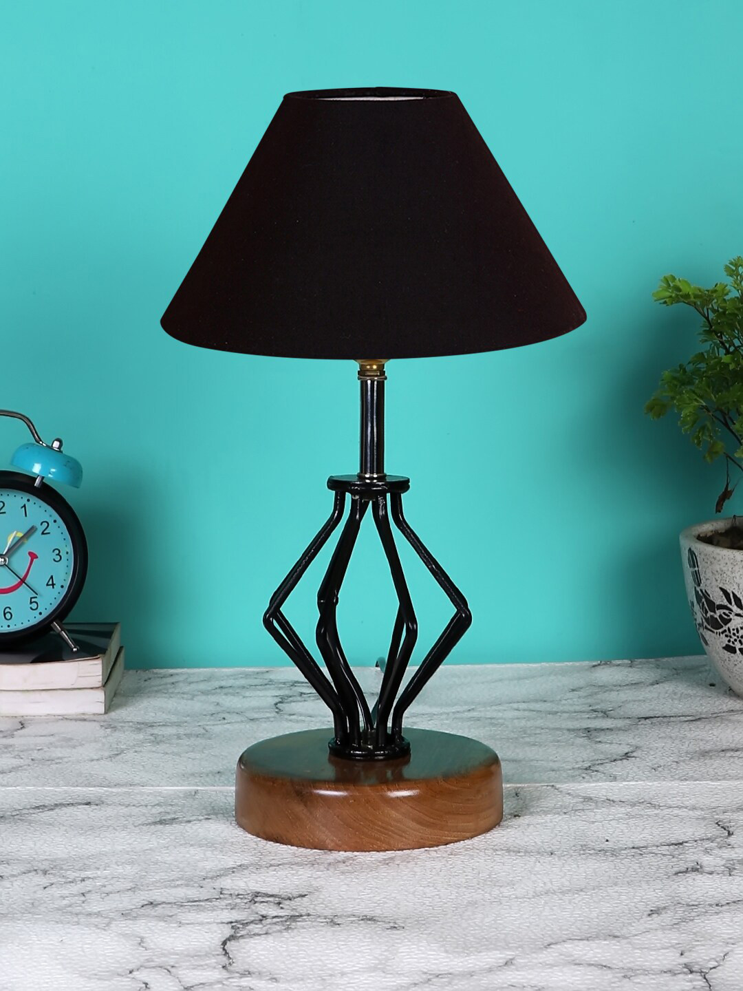 Devansh Black Solid Cotton Table Lamp With Wood Base