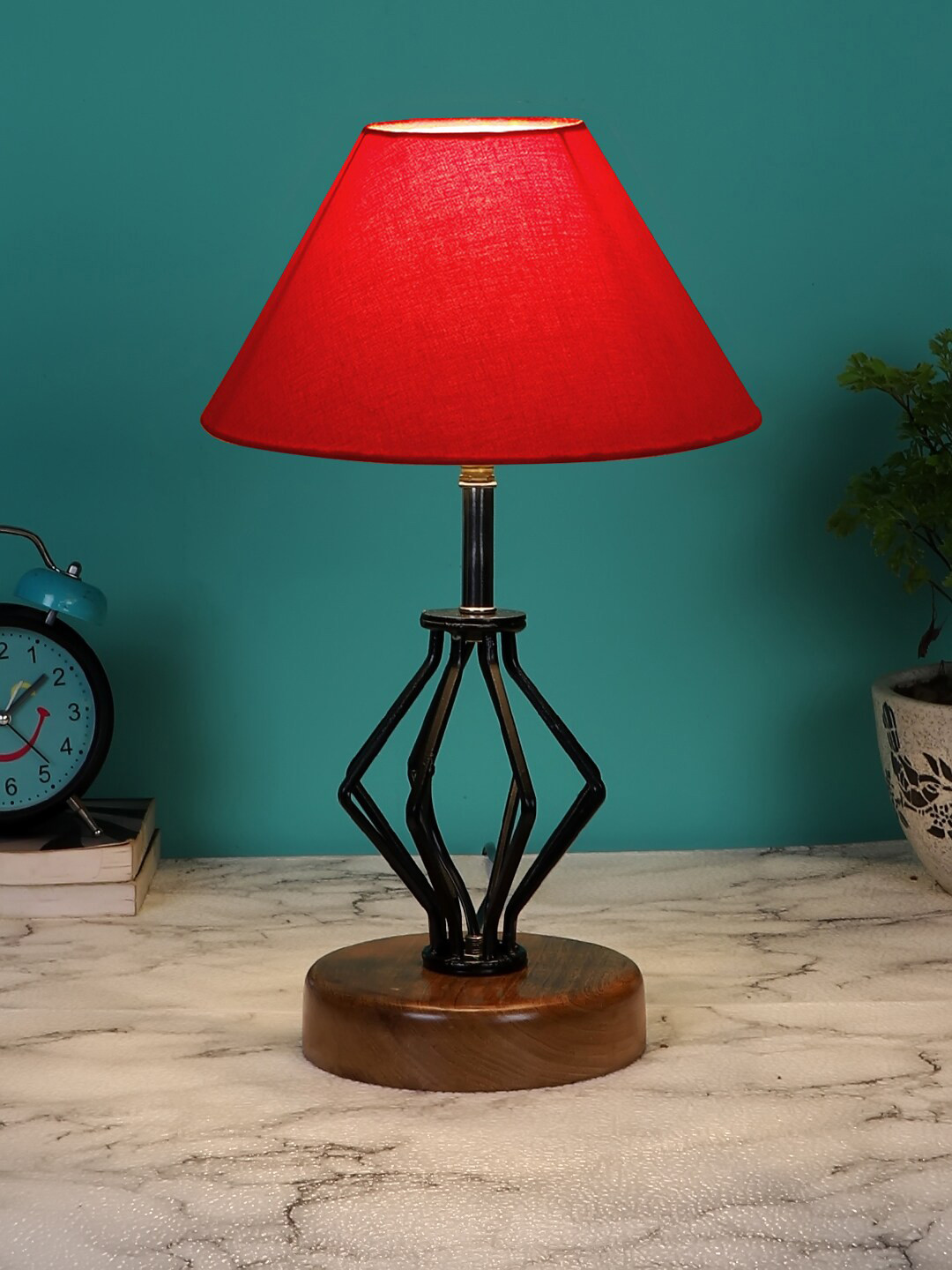 Devansh Red Solid Table Lamp with Wood Base