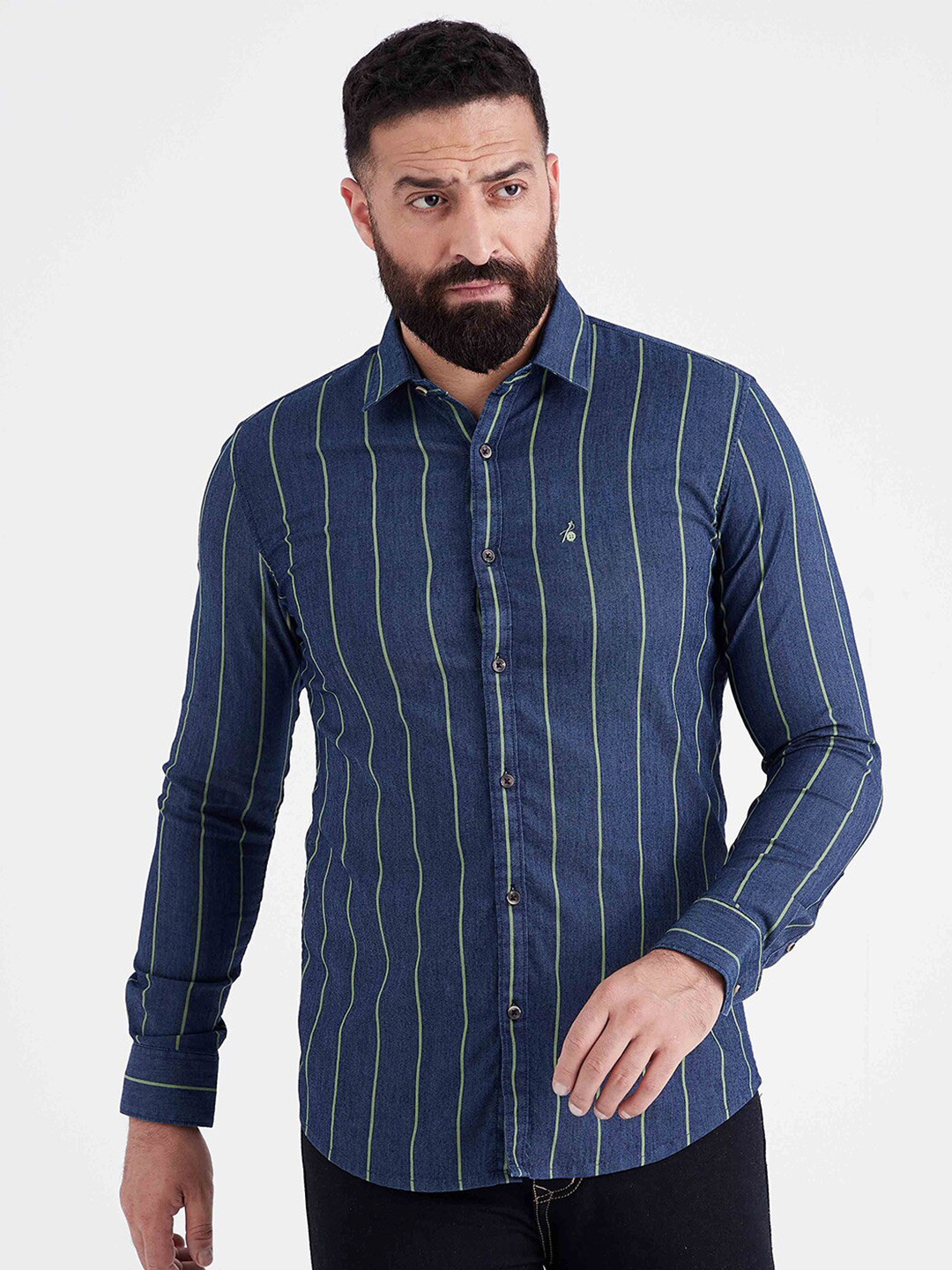 MR BUTTON Men Navy Blue Slim Fit Striped Cotton Casual Shirt