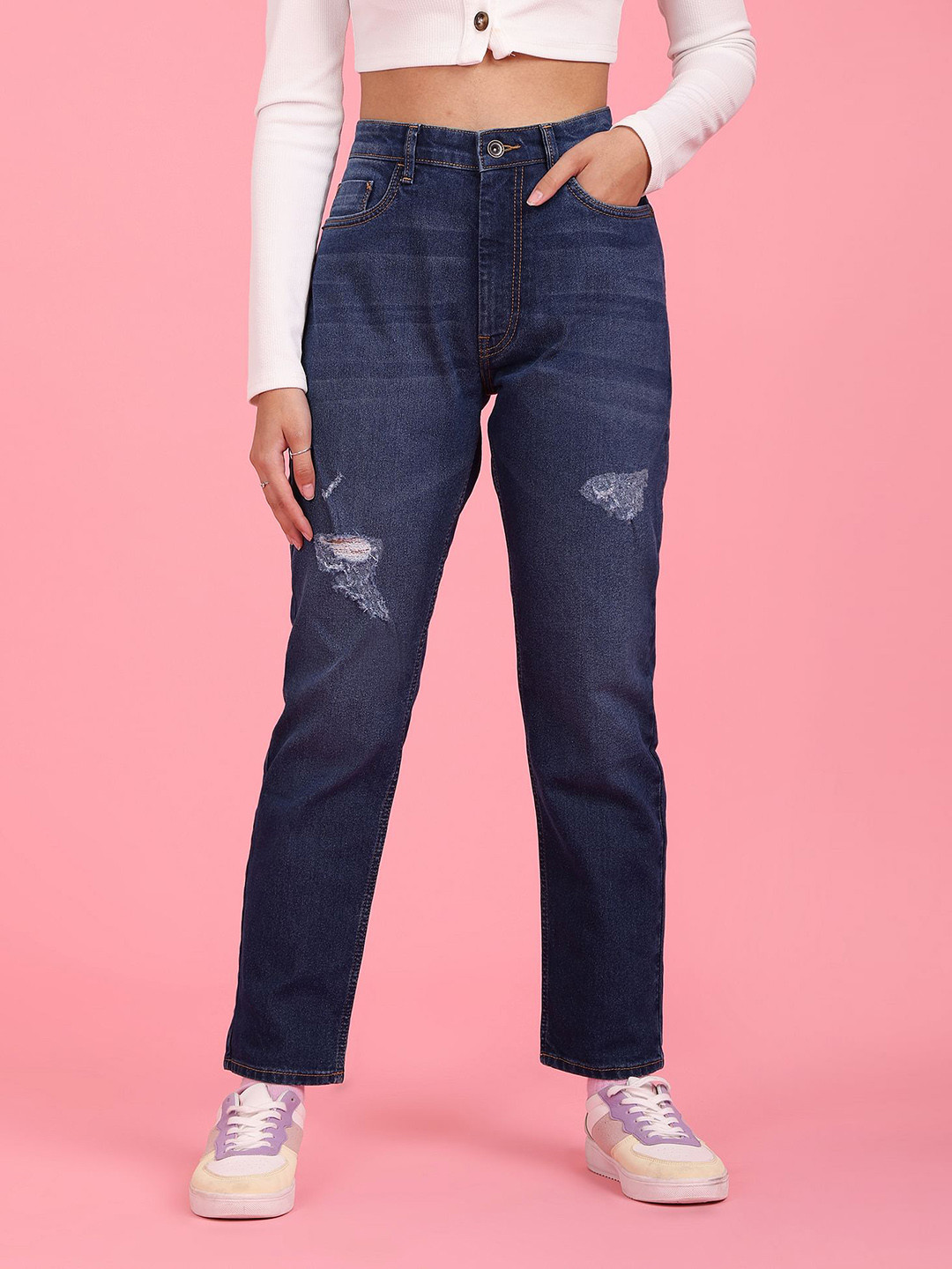 Flying Machine Women Blue Straight Fit Mildly Distressed Stretchable Jeans