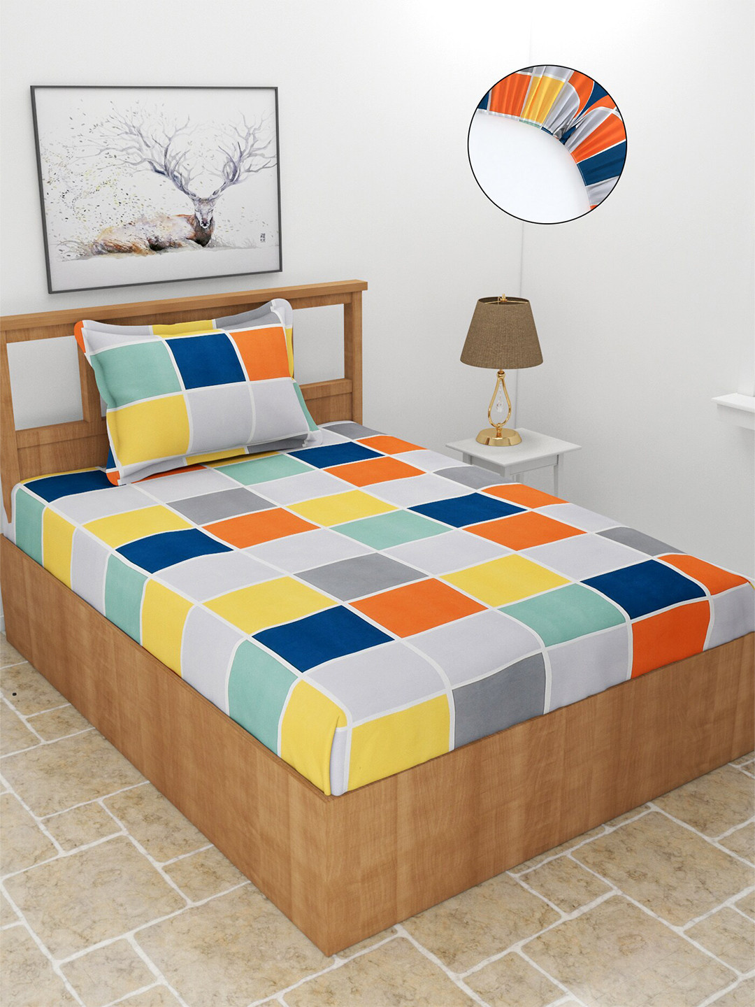 MORADO Maple Grey Checked Polycotton 210 TC Fitted Single Fine Bedsheet with a Pillow Cover-78 x 36 inches