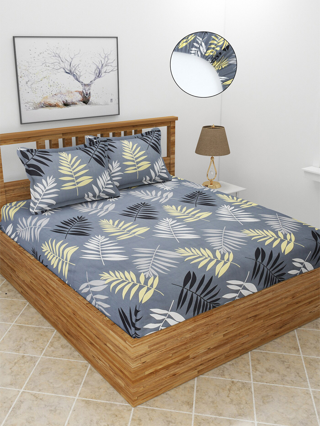 MORADO Maple Grey Leaf Polycotton 210 TC Fitted Queen Fine Bedsheet with 2 Pillow Covers-198 x 182 cm