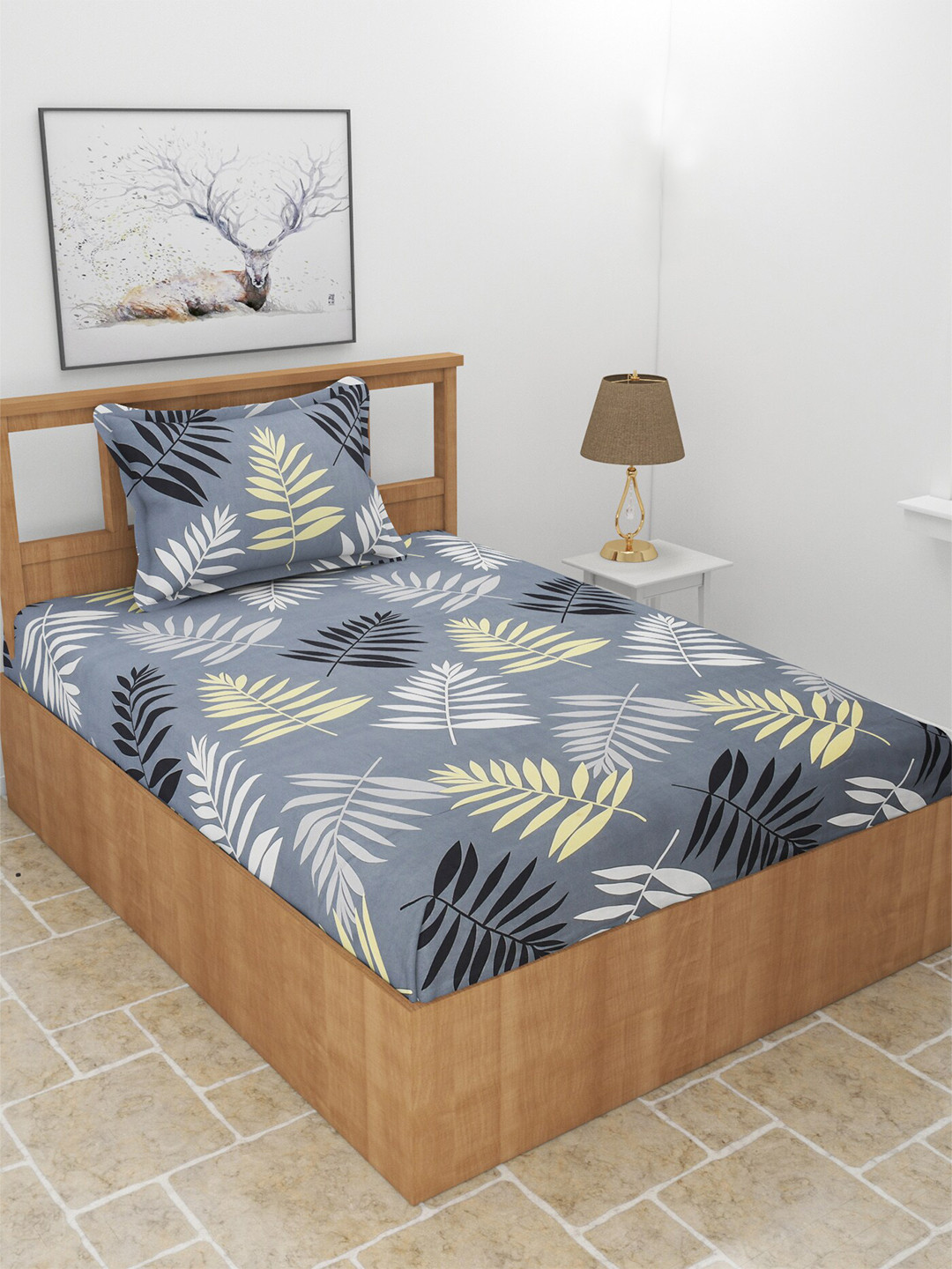 MORADO Maple Grey Leaf Polycotton 210 TC Fitted Single Fine Bedsheet with a Pillow Cover-59 x 87 inches