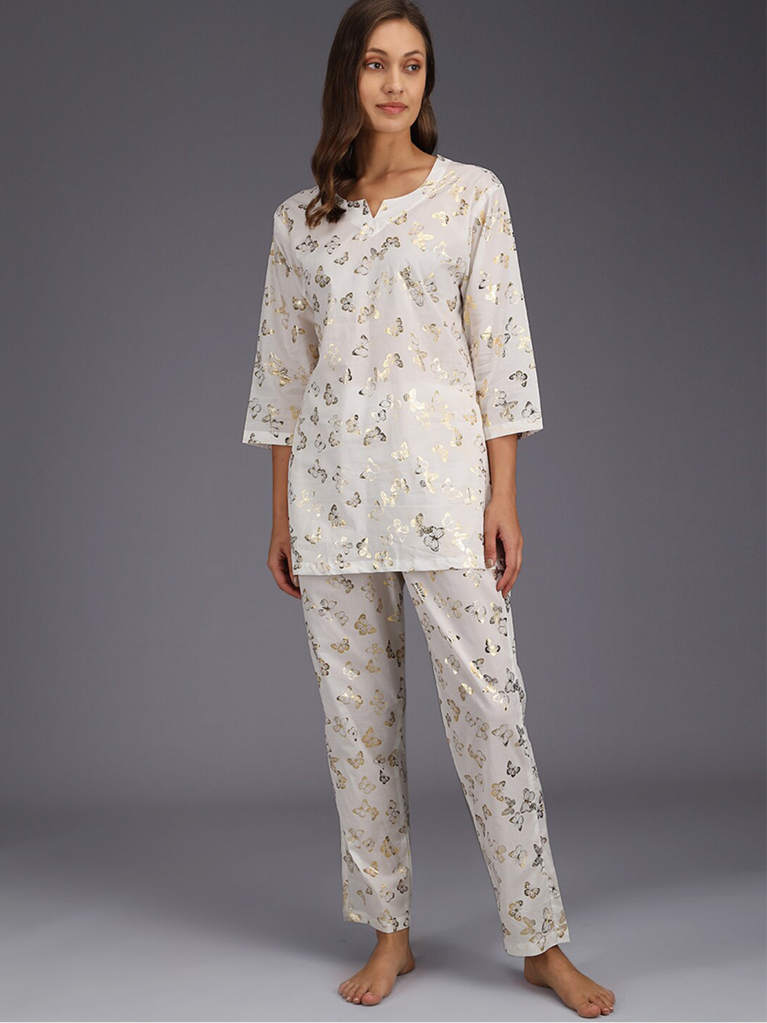 SEPHANI Women White & Gold-Toned Pure Cotton Printed Night suit