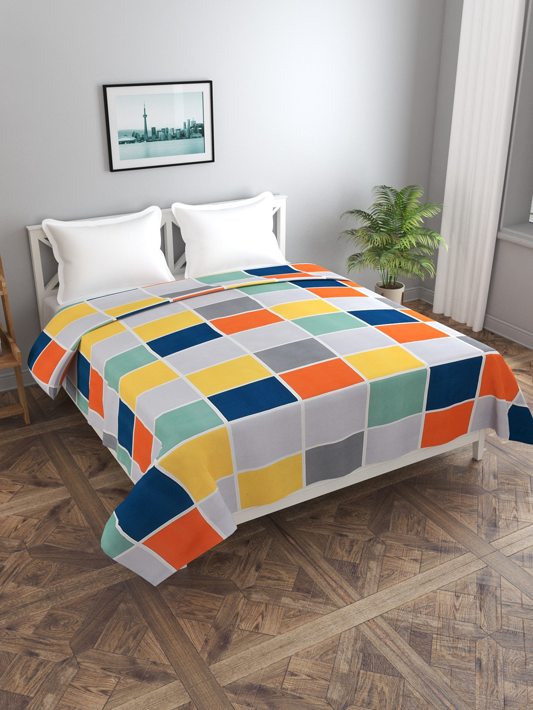 MORADO Orange-Colored & Grey Checked Double Queen Duvet Cover