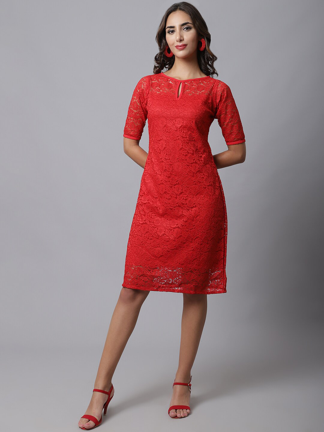 MARC LOUIS Red Keyhole Neck Net Sheath Dress