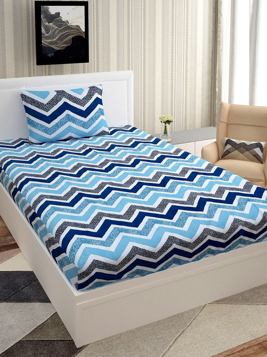 Urban Magic Gold Blue Chevron Polyester 130 TC Single Coarse Bedsheet with a Pillow Cover-85 x 58 inches