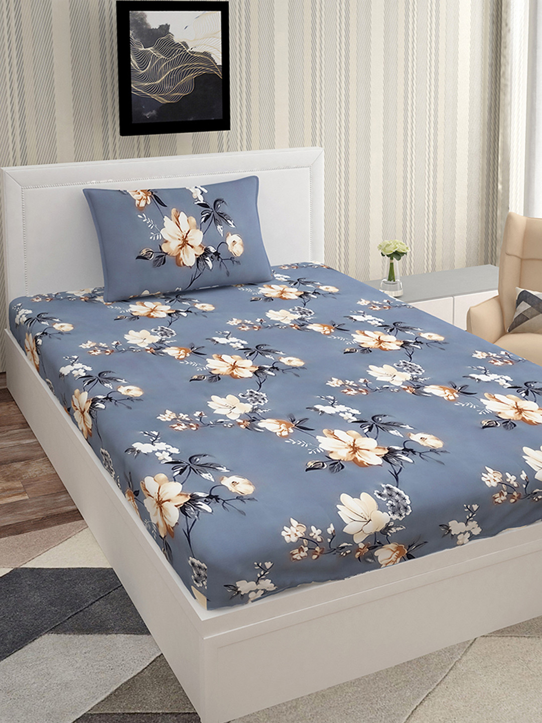 Urban Magic Pearl Grey Floral Polyester 140 TC Single Coarse Bedsheet with a Pillow Cover-85 x 58 inches