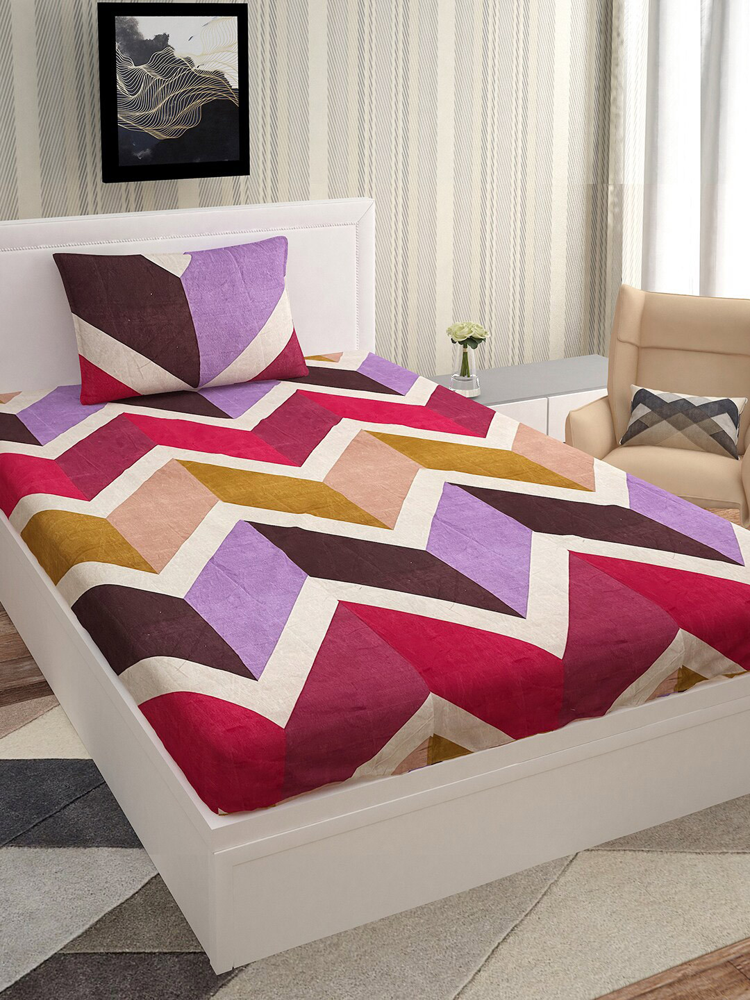 Urban Magic Purple Chevron Polyester 130 TC Single Coarse Bedsheet with a Pillow Cover-215 x 147 cm