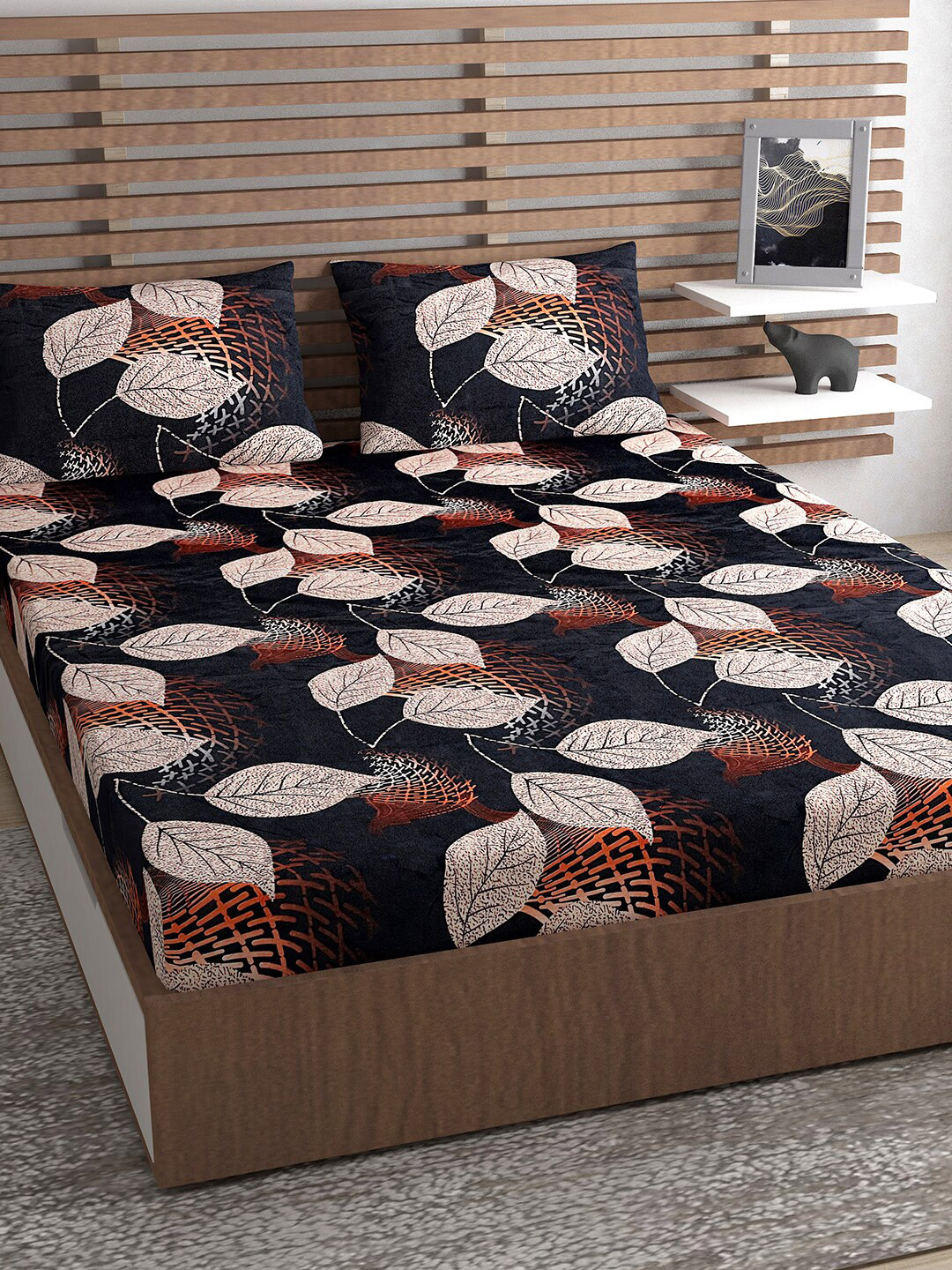 Urban Magic Black Leaf Polyester 130 TC Queen Coarse Bedsheet with 2 Pillow Covers-89 x 85 inches