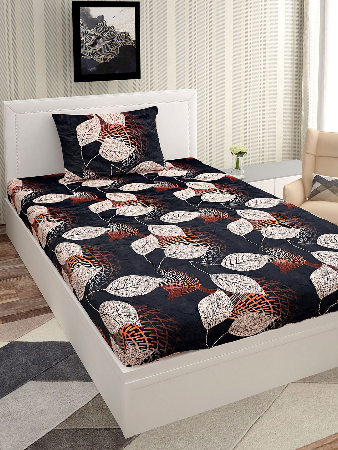 Urban Magic Black Leaf Polyester 130 TC Single Coarse Bedsheet with a Pillow Cover-215 x 147 cm