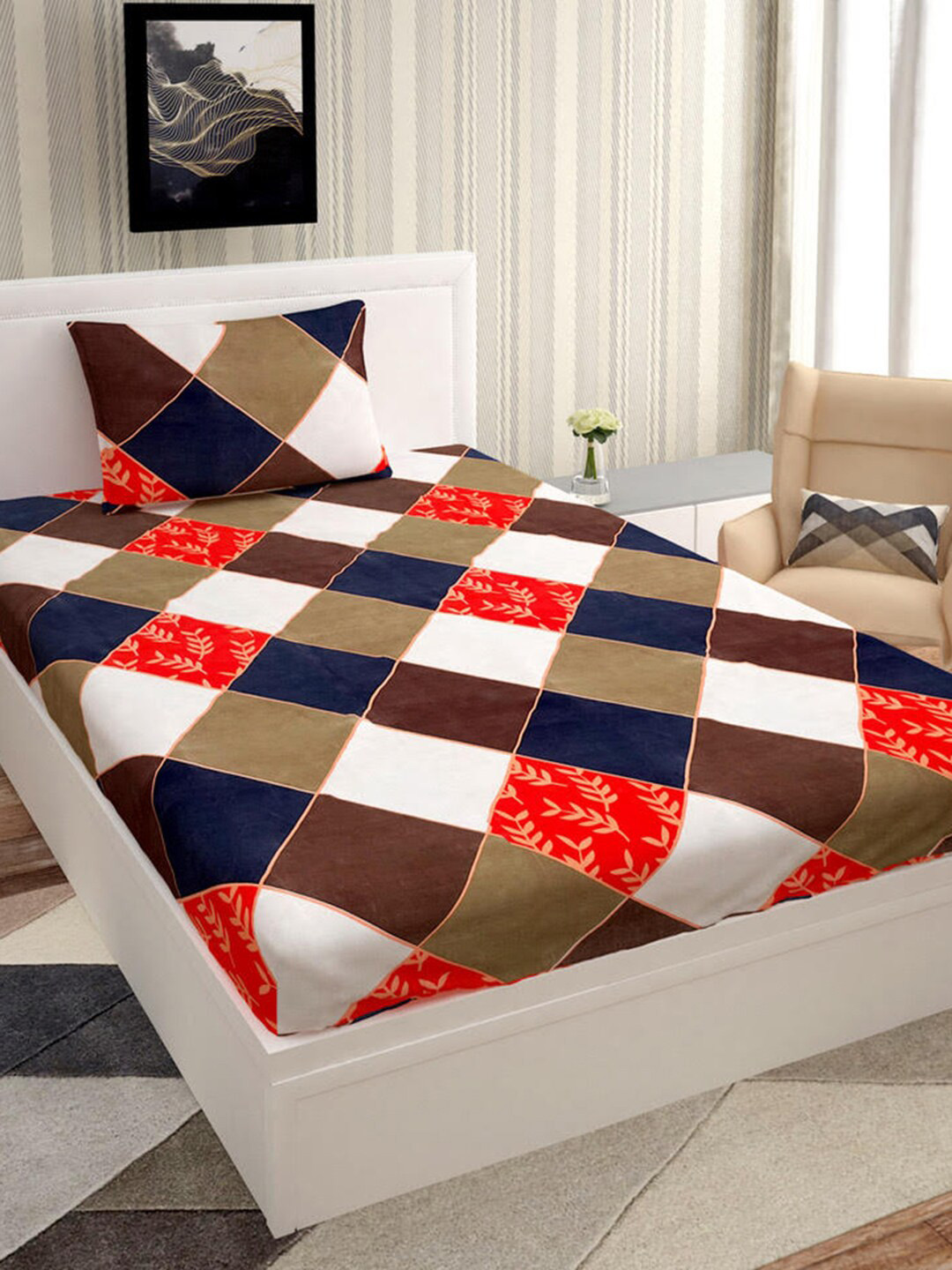 Urban Magic White Checked Polyester 104 TC Single Coarse Bedsheet with a Pillow Cover-85 x 58 inches