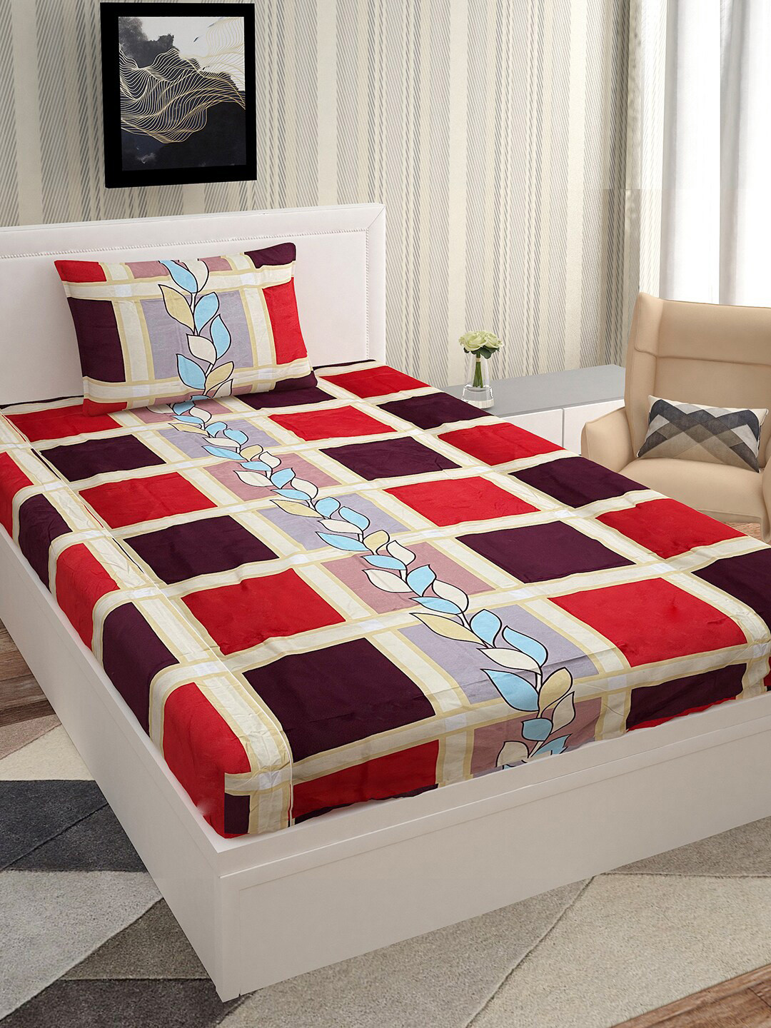 Urban Magic Microgold16 Cream Geometric Polyester 130 TC Single Coarse Bedsheet with a Pillow Cover-215 x 147 cm