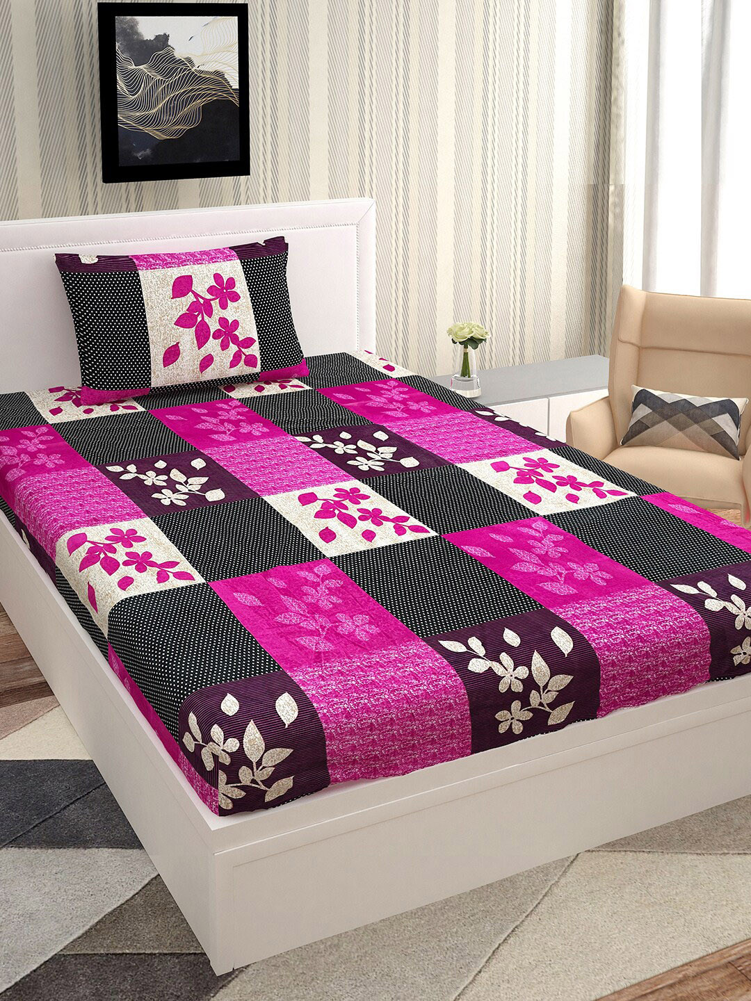 Urban Magic Violet Leaf Polyester 128 TC Single Coarse Bedsheet with a Pillow Cover-85 x 58 inches