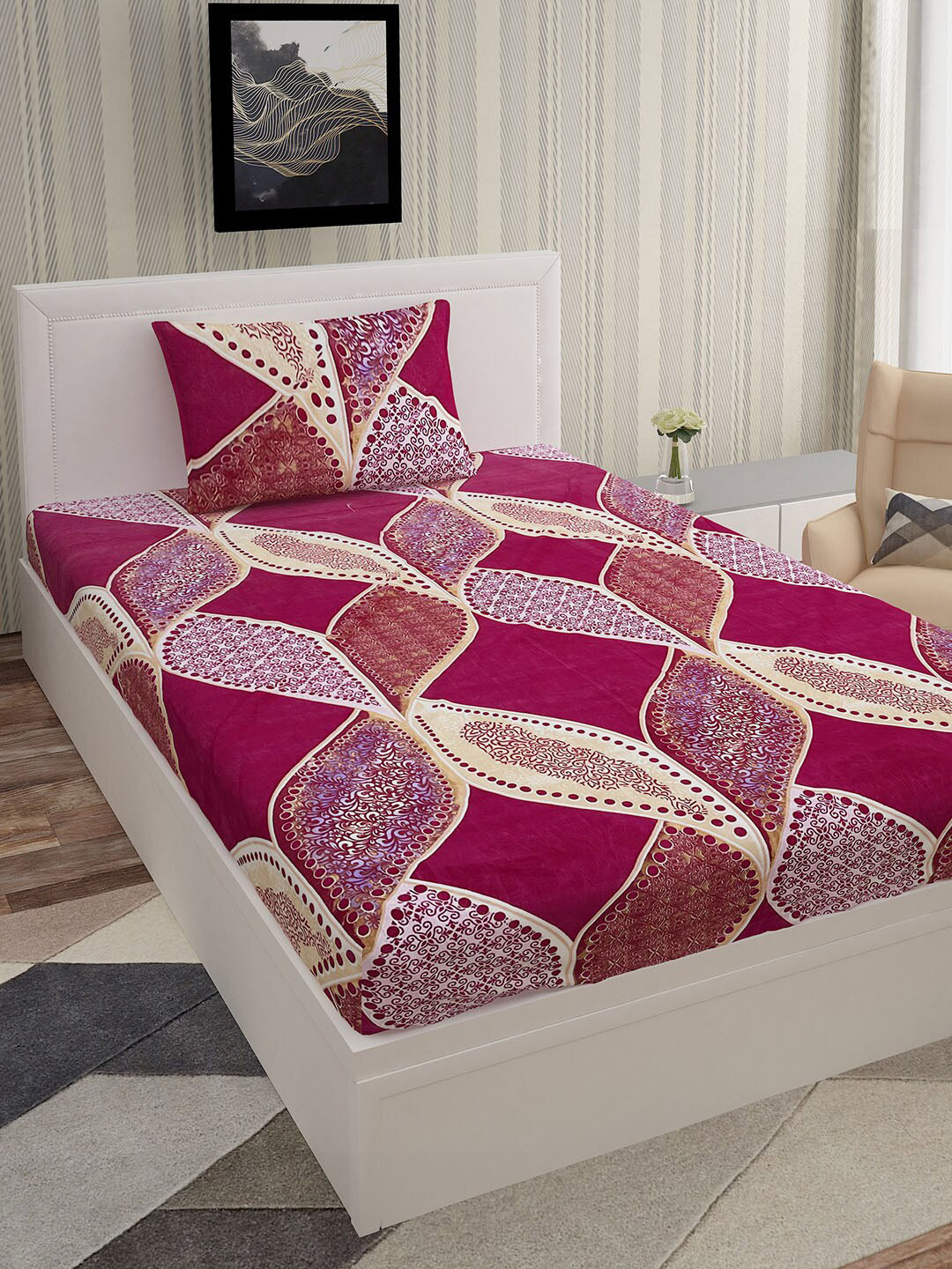 Urban Magic Pink Ethnic Motifs Polyester 130 TC Single Coarse Bedsheet with a Pillow Cover-85 x 58 inches