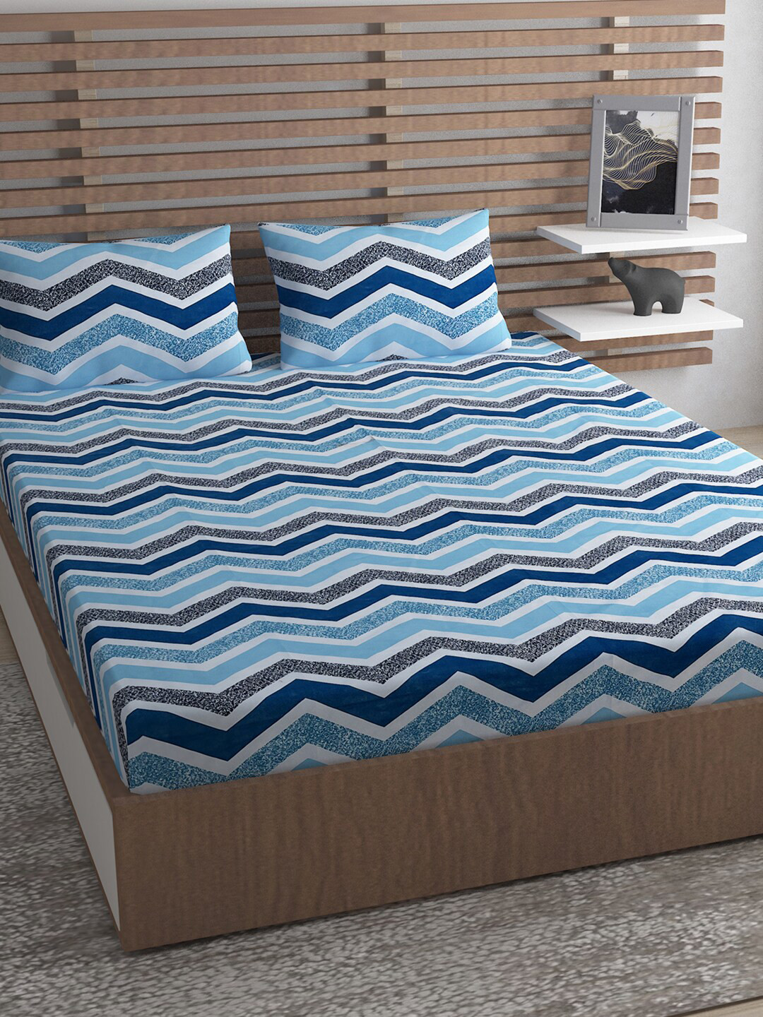 Urban Magic Gold Blue Chevron Polyester 130 TC Queen Coarse Bedsheet with 2 Pillow Covers-89 x 85 inches