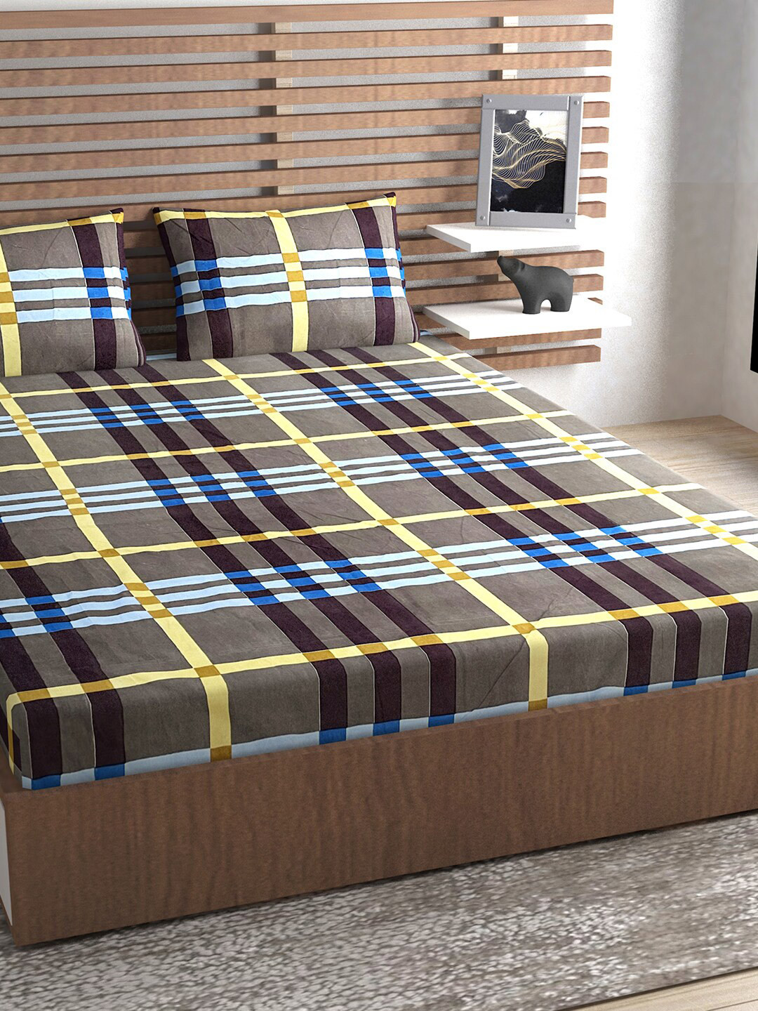 Urban Magic Olive Geometric Polyester 130 TC Queen Coarse Bedsheet with 2 Pillow Covers-89 x 85 inches