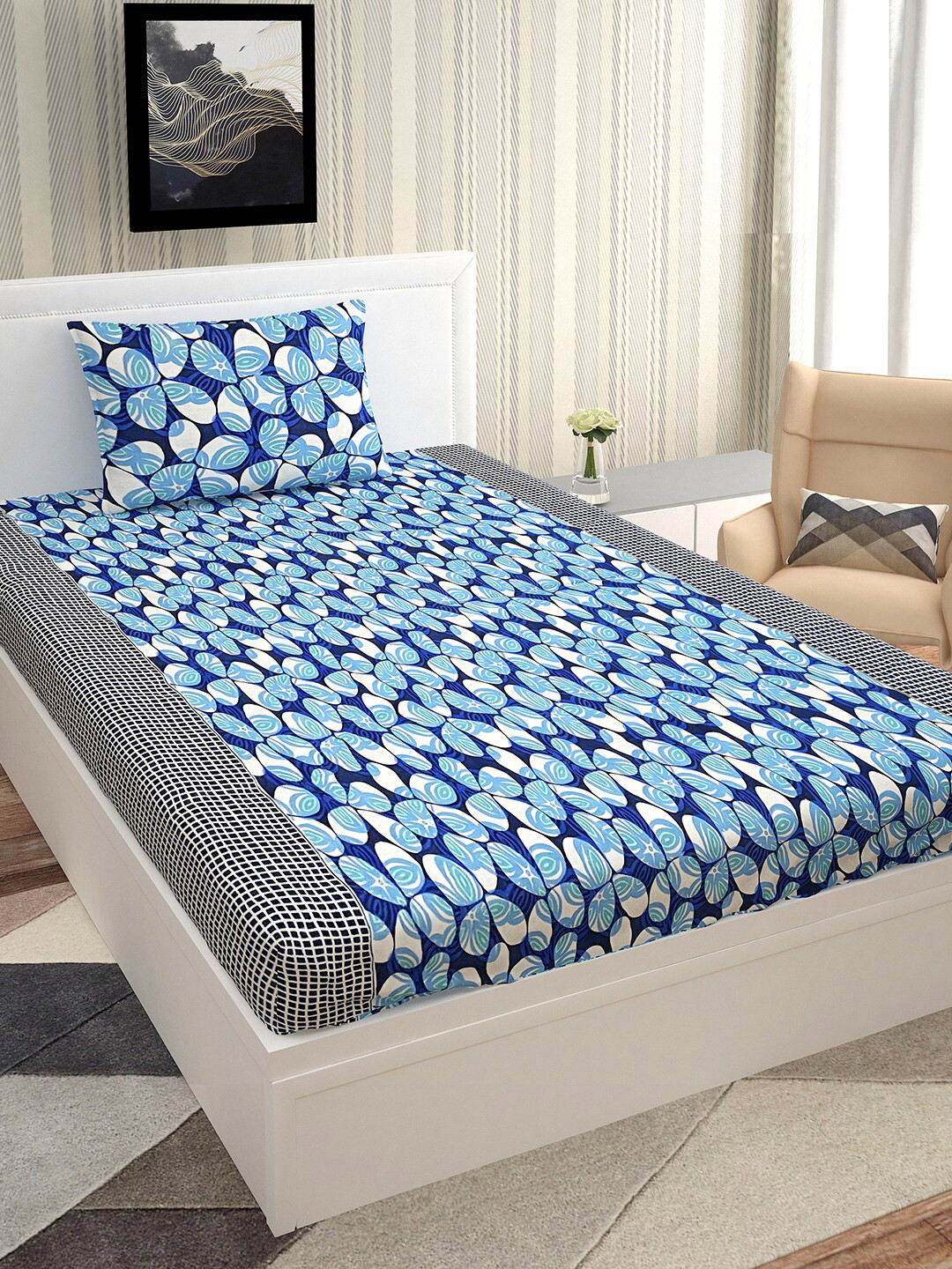 Urban Magic Black Abstract Polyester 128 TC Single Coarse Bedsheet with a Pillow Cover-85 x 58 inches