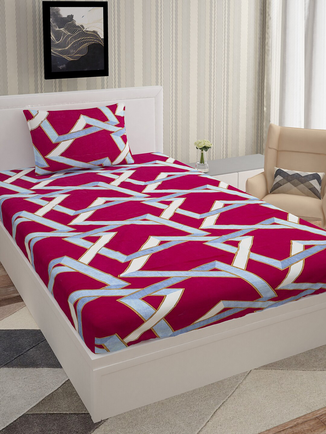 Urban Magic Gold Pink Geometric Polyester 130 TC Single Coarse Bedsheet with a Pillow Cover-85 x 58 inches