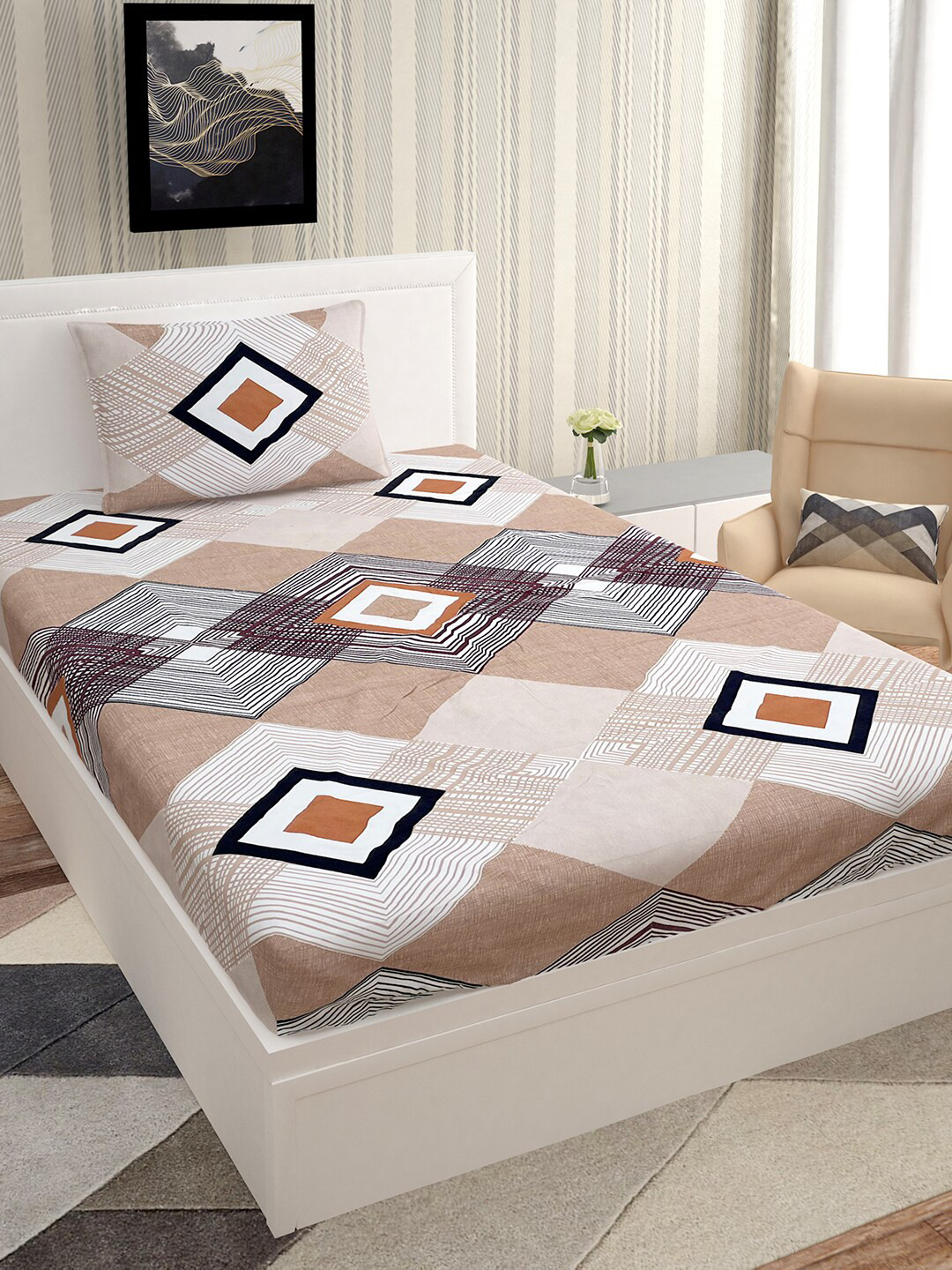 Urban Magic Lifestyle Beige Geometric Polyester 140 TC Single Coarse Bedsheet with a Pillow Cover-85 x 58 inches