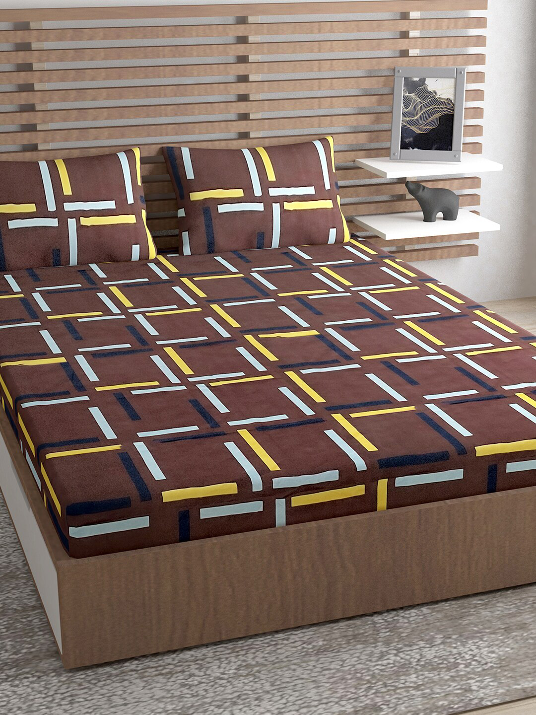 Urban Magic Brown Geometric Polyester 140 TC Queen Coarse Bedsheet with 2 Pillow Covers-89 x 85 inches