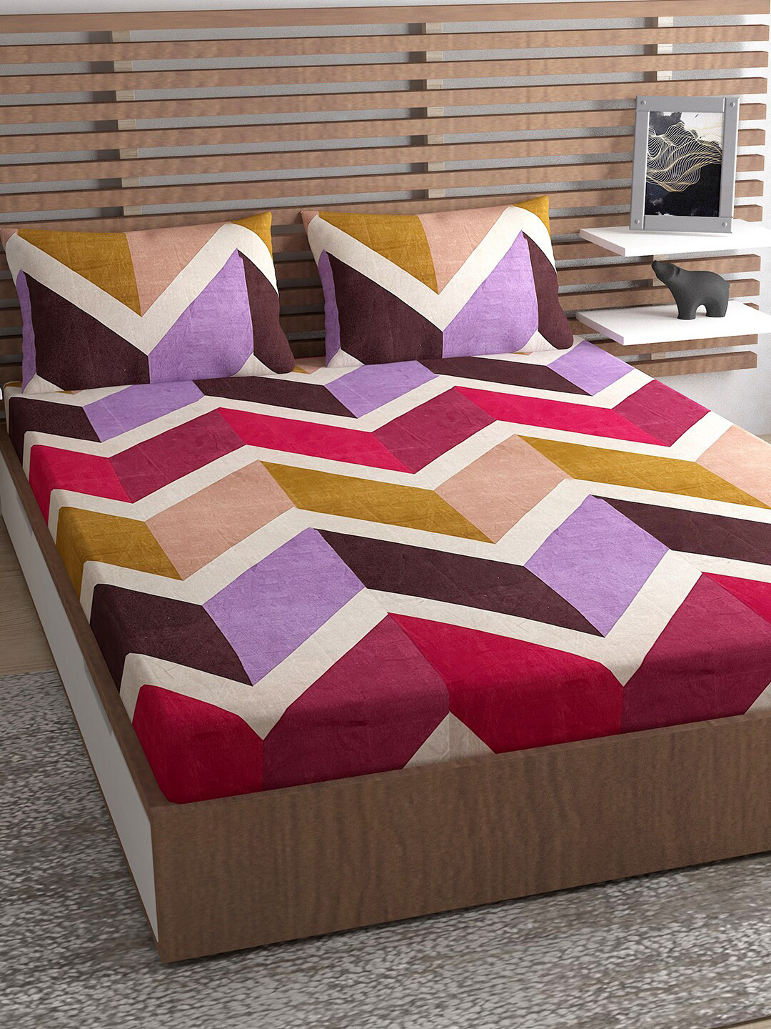 Urban Magic Purple Geometric Polyester 130 TC Queen Coarse Bedsheet with 2 Pillow Covers-225 x 215 cm