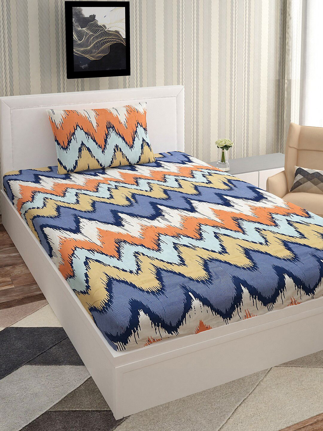 Urban Magic White Abstract Polyester 130 TC Single Coarse Bedsheet with a Pillow Cover-140 x 224 cm