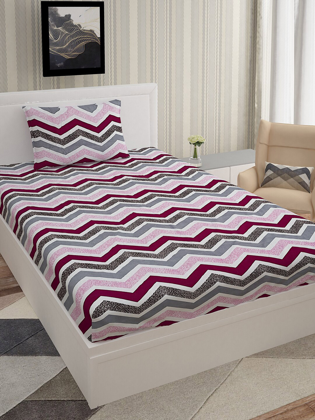 Urban Magic Grey Chevron Polyester 130 TC Single Coarse Bedsheet with a Pillow Cover-85 x 58 inches