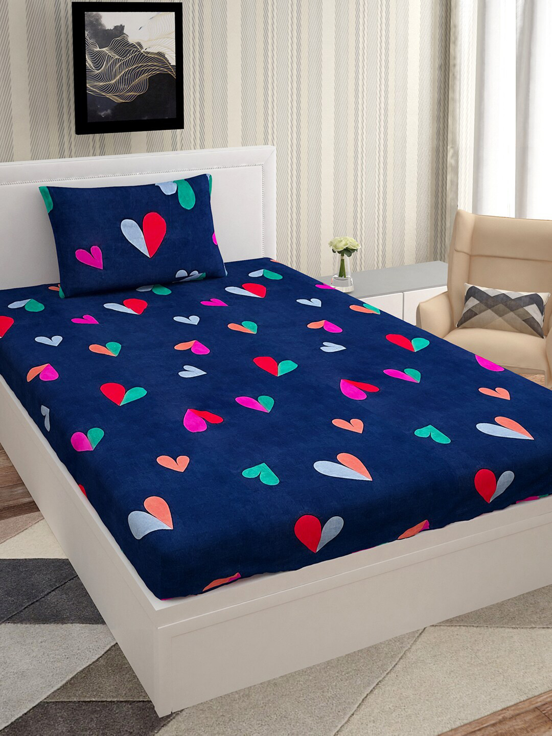 Urban Magic Gold Blue Conversational Polyester Breathable 110 TC Single Coarse Bedsheet with a Pillow Cover-85 x 58 inches