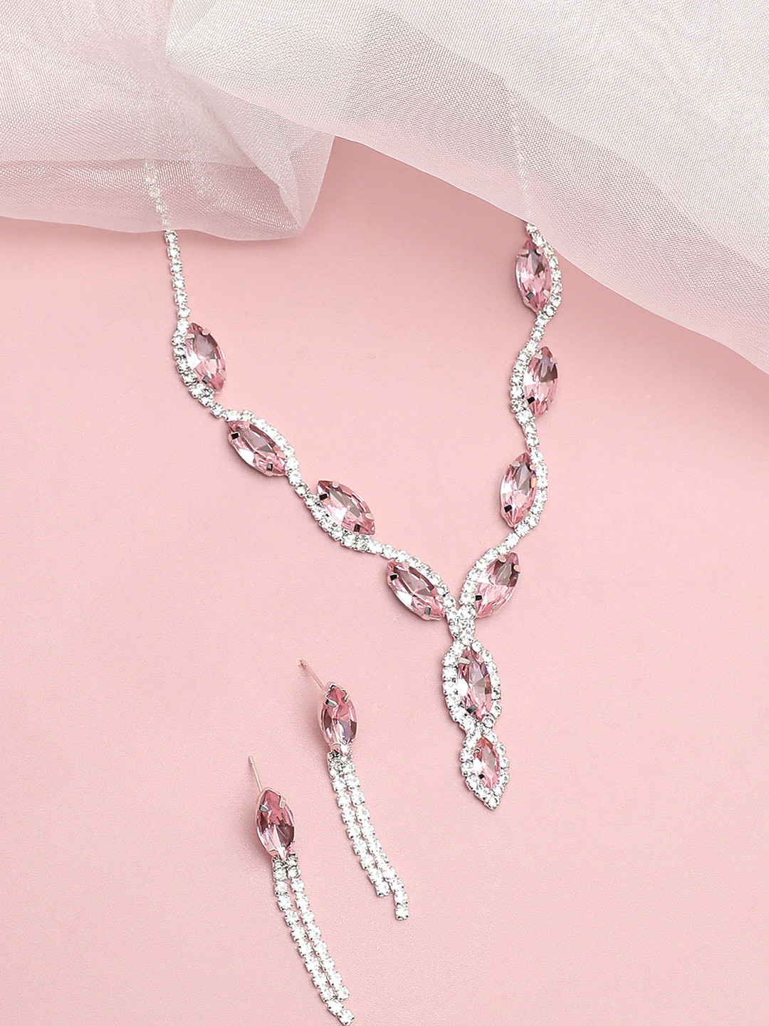 SOHI Women Silver-Plated White & Pink Stone Studded Jewellery Set