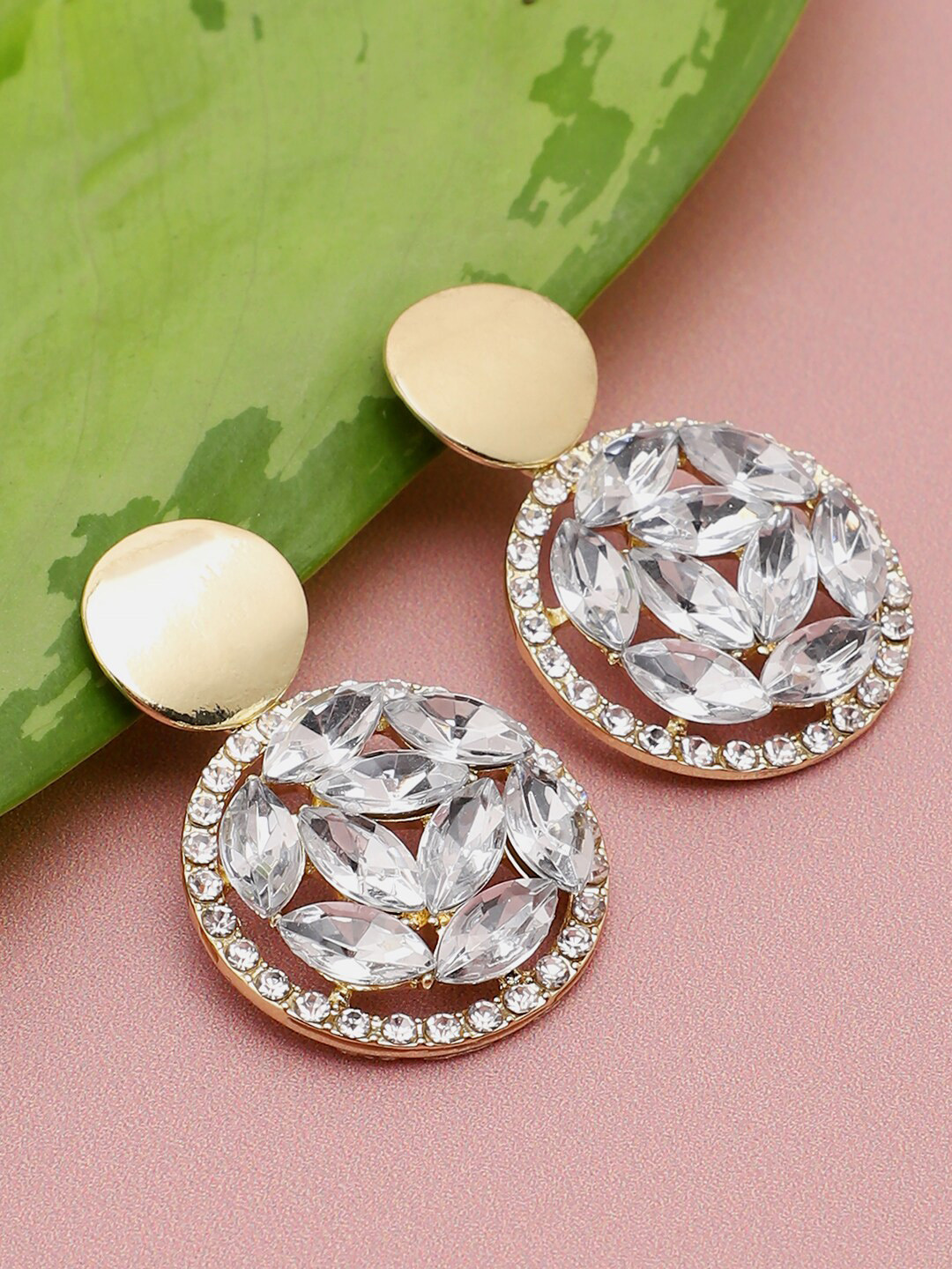 SOHI Gold-Plated & White Contemporary Drop Earrings