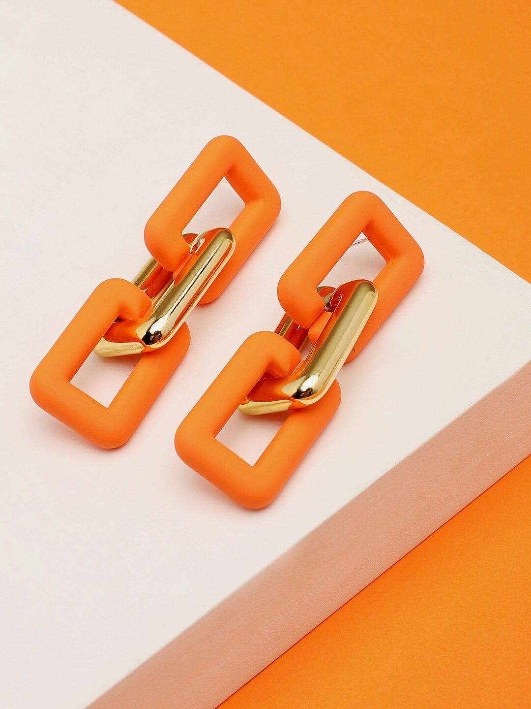 SOHI Orange & Gold-Toned Contemporary Drop Earrings