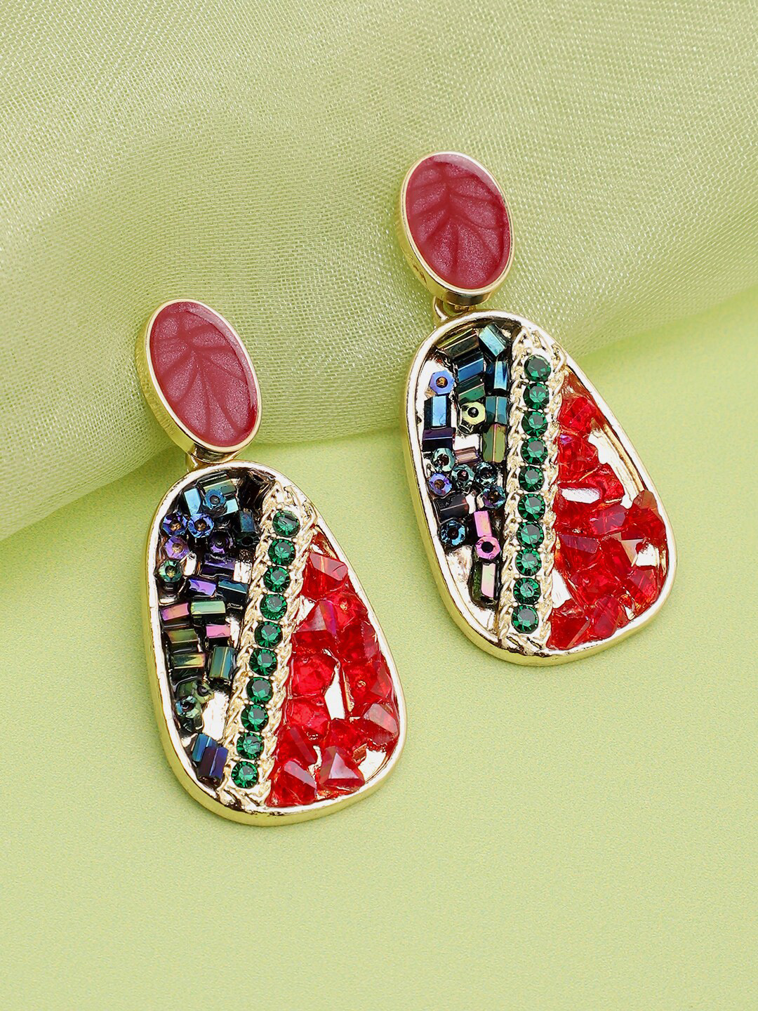 SOHI Gold-Plated Stone Drop Maroon Blue Oval Studs Earrings