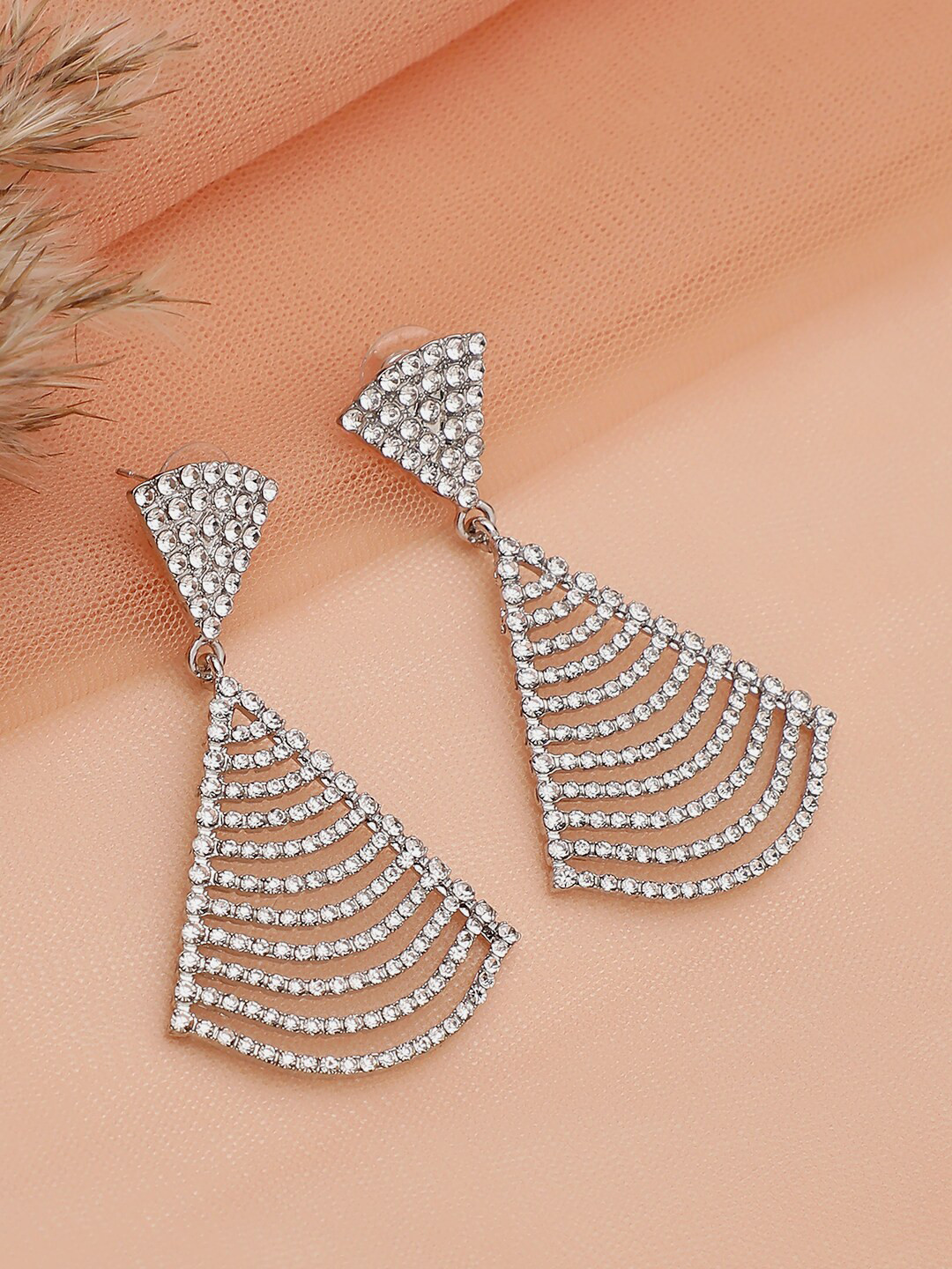 SOHI White & Silver-Toned Triangular Stone Drop Earrings