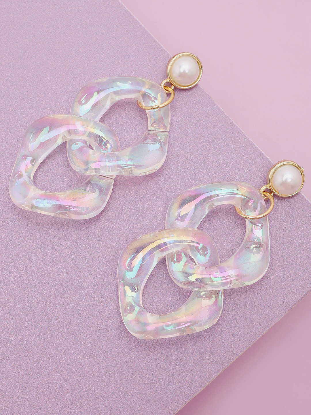 SOHI Gold Plated & Transparent Contemporary Drop Earrings